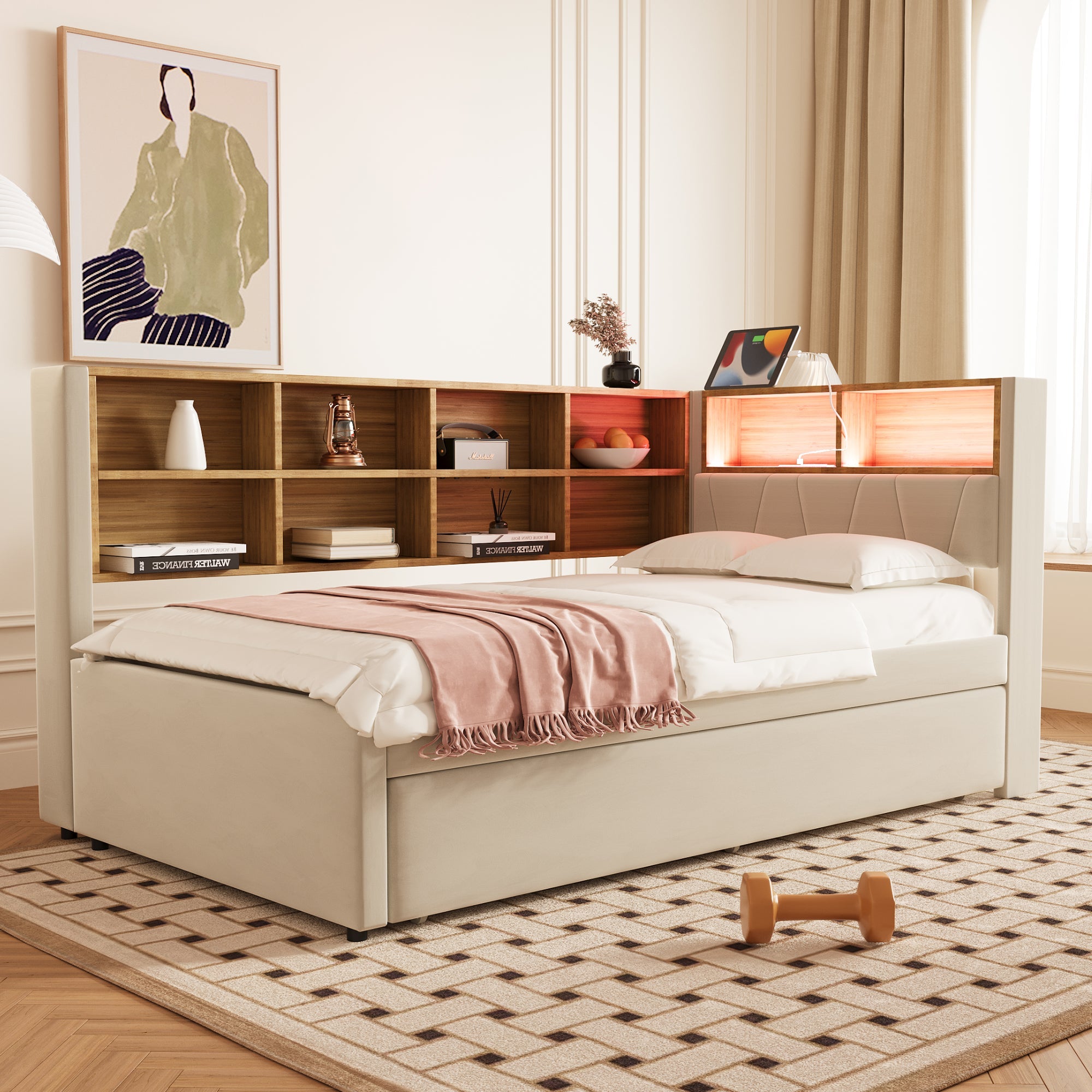 Sofa Bed 90x200 Pull-Out LED Storage Flannel Beige