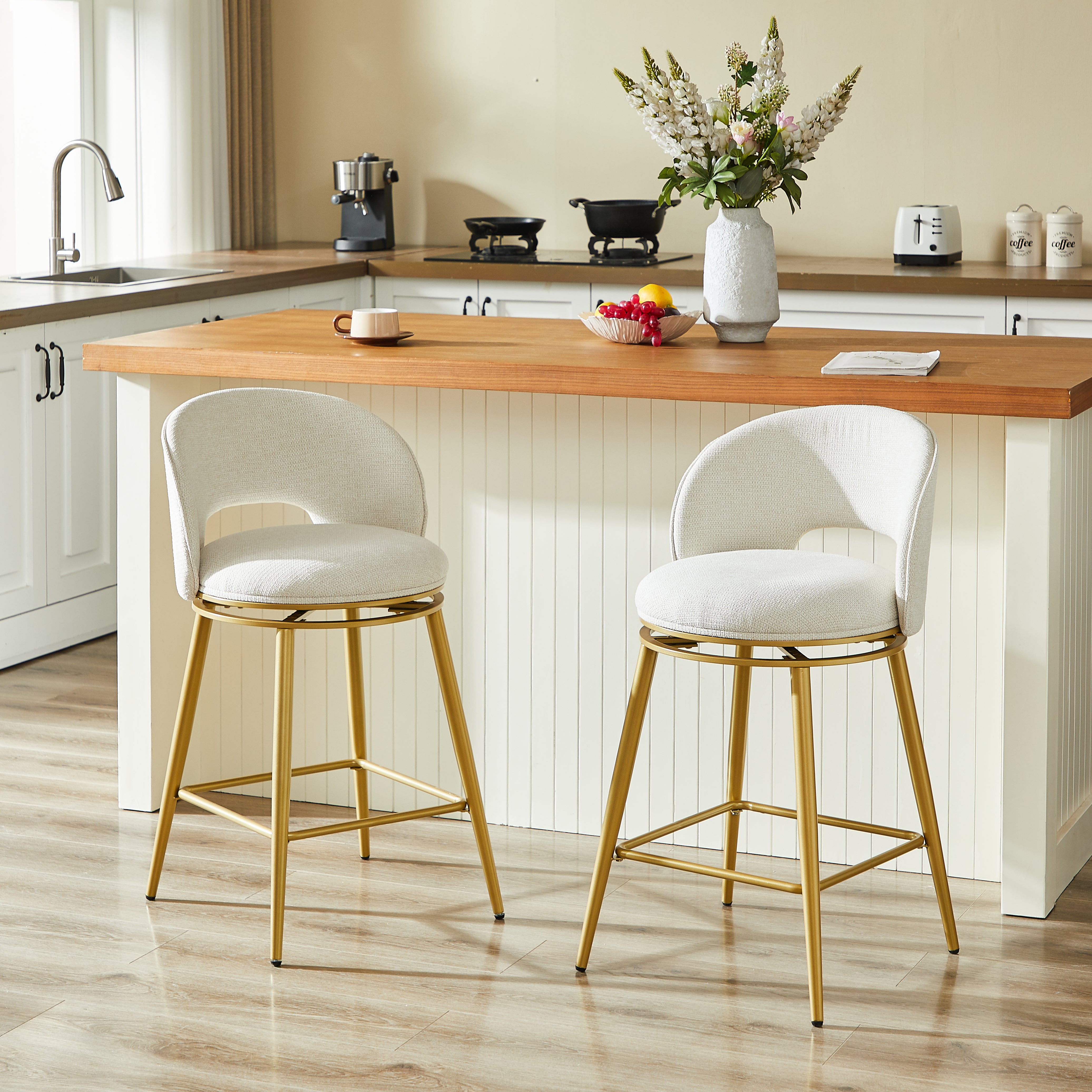 Chenille Swivel Bar Stools, Set of 2 with 360° Rotation and Cut-Out Backrest, Gold and White