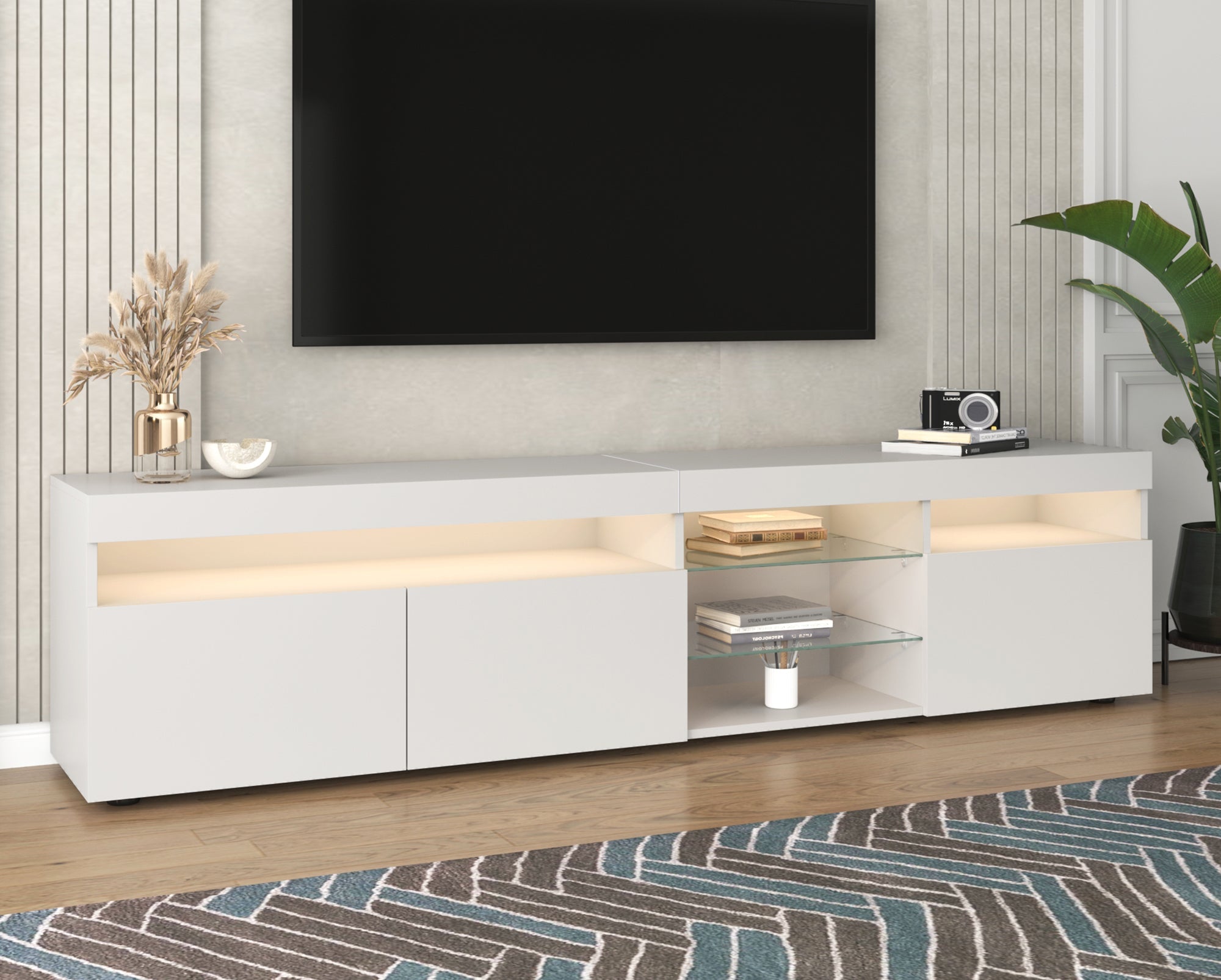 TV Cabinet, Modern with Bright Panel, Variable LED Lighting, 180cm, White