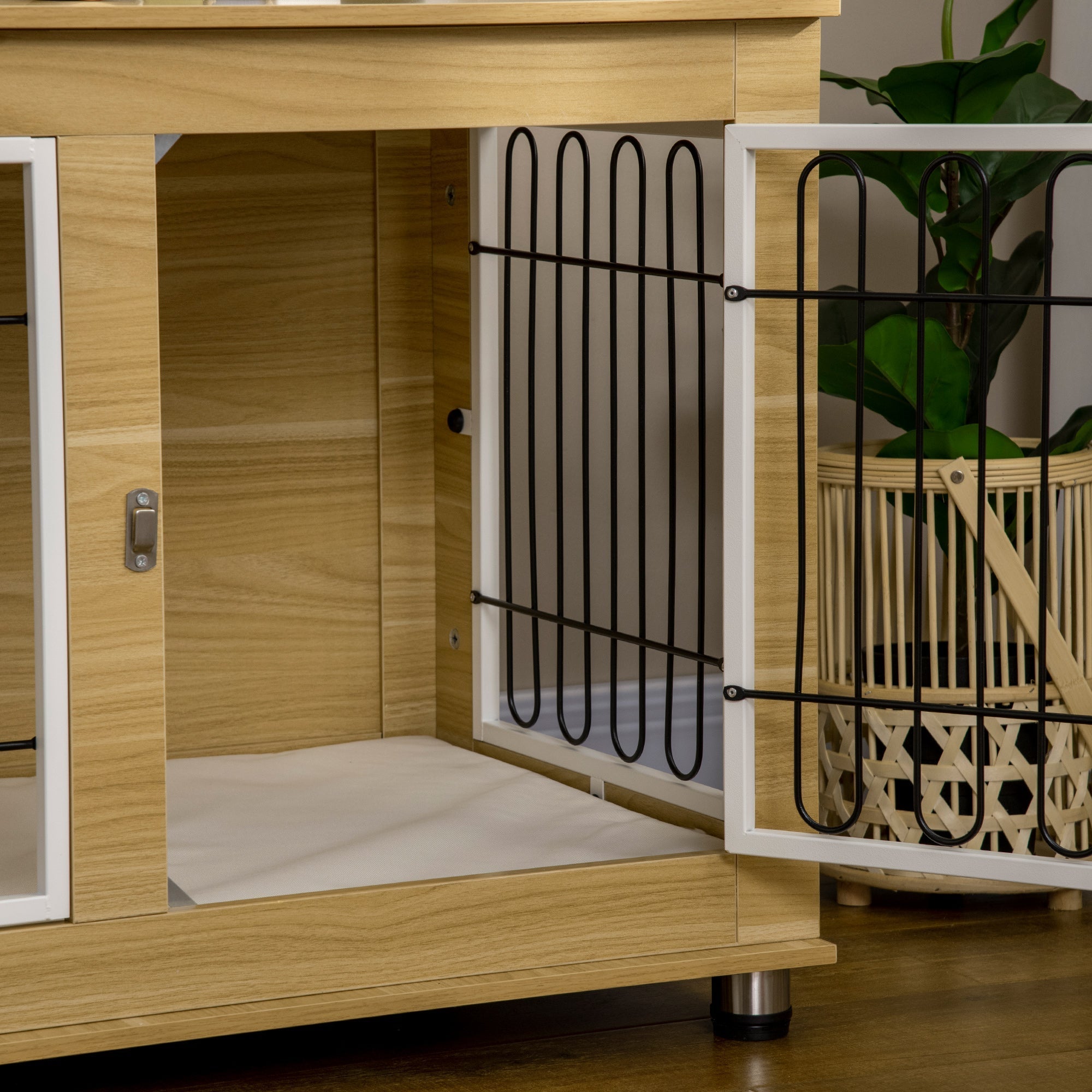 Dog Kennel, Table Top, Double Doors, Cushions, Oak