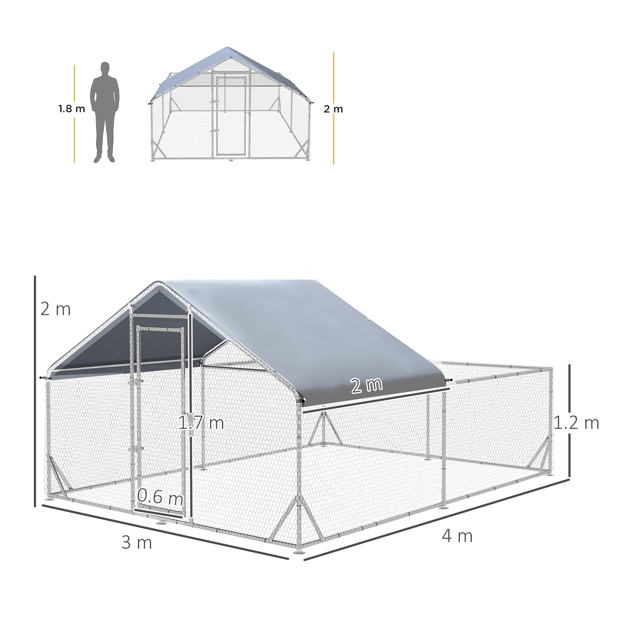 Chicken Coop Free-Range Enclosure, Sunshade Roof, Steel, Silver