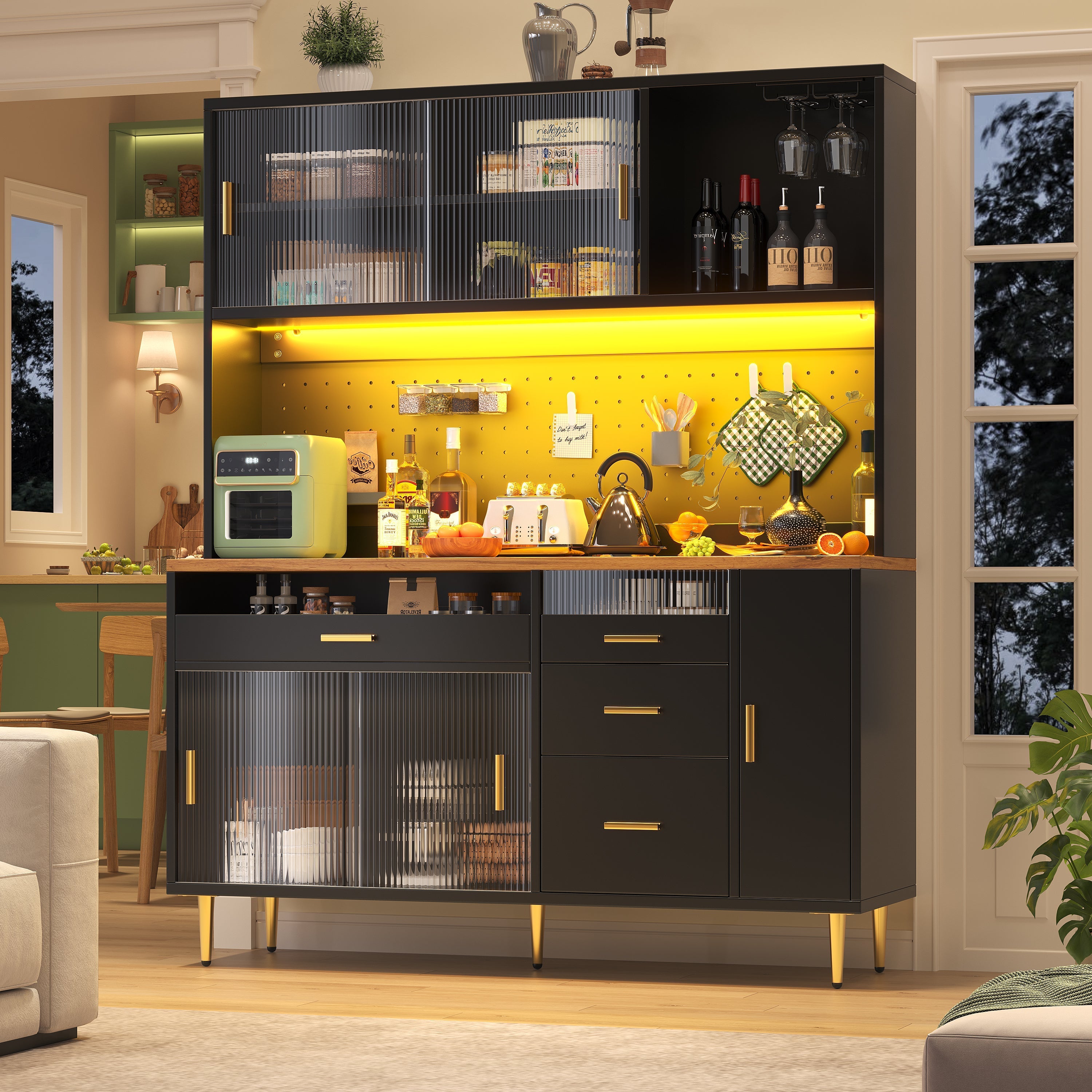 Tall Cabinet LED Lighting Pegboard Shelves Black