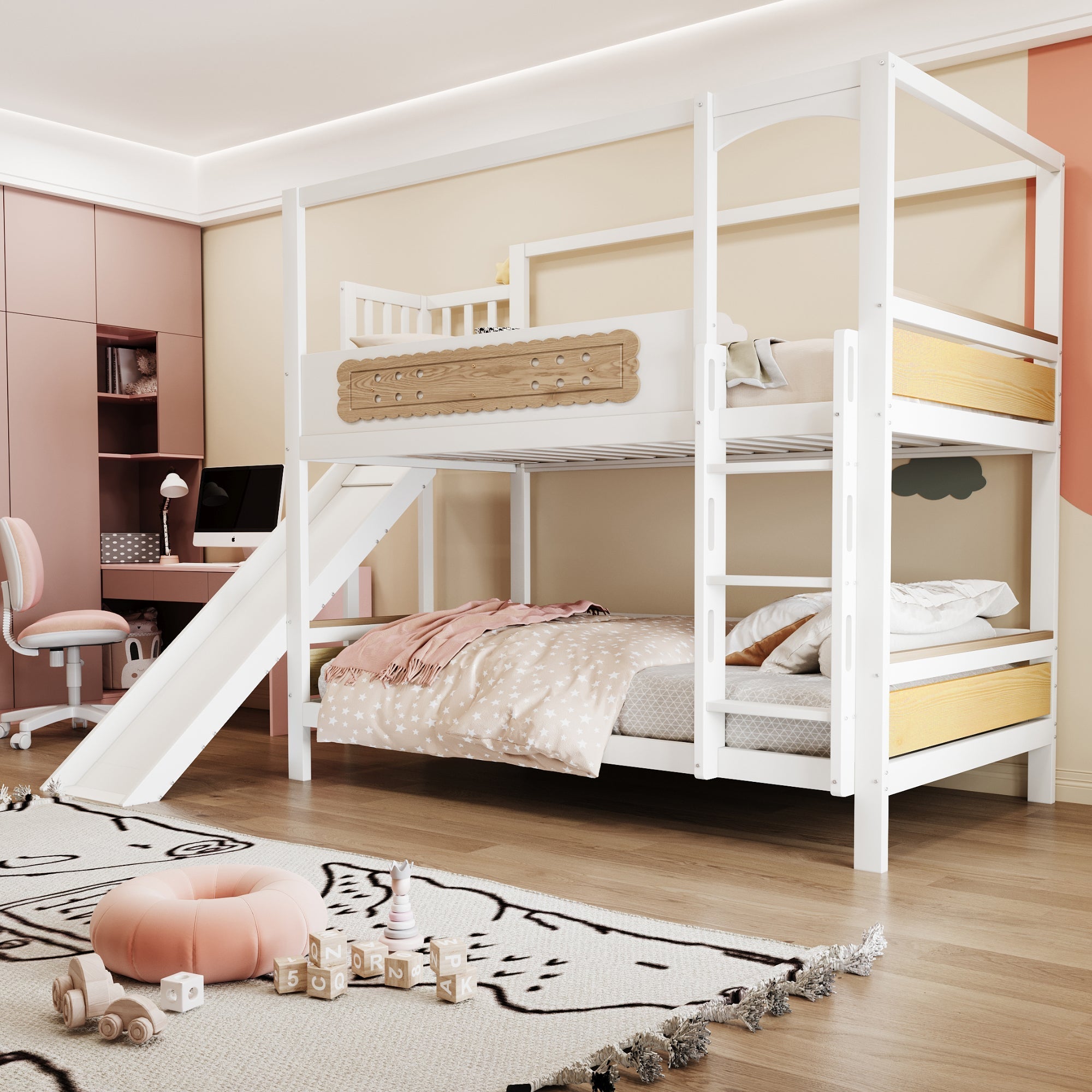 Children's Bunk Bed 90x200cm House Frame Slide Safety Ladder Wood Color