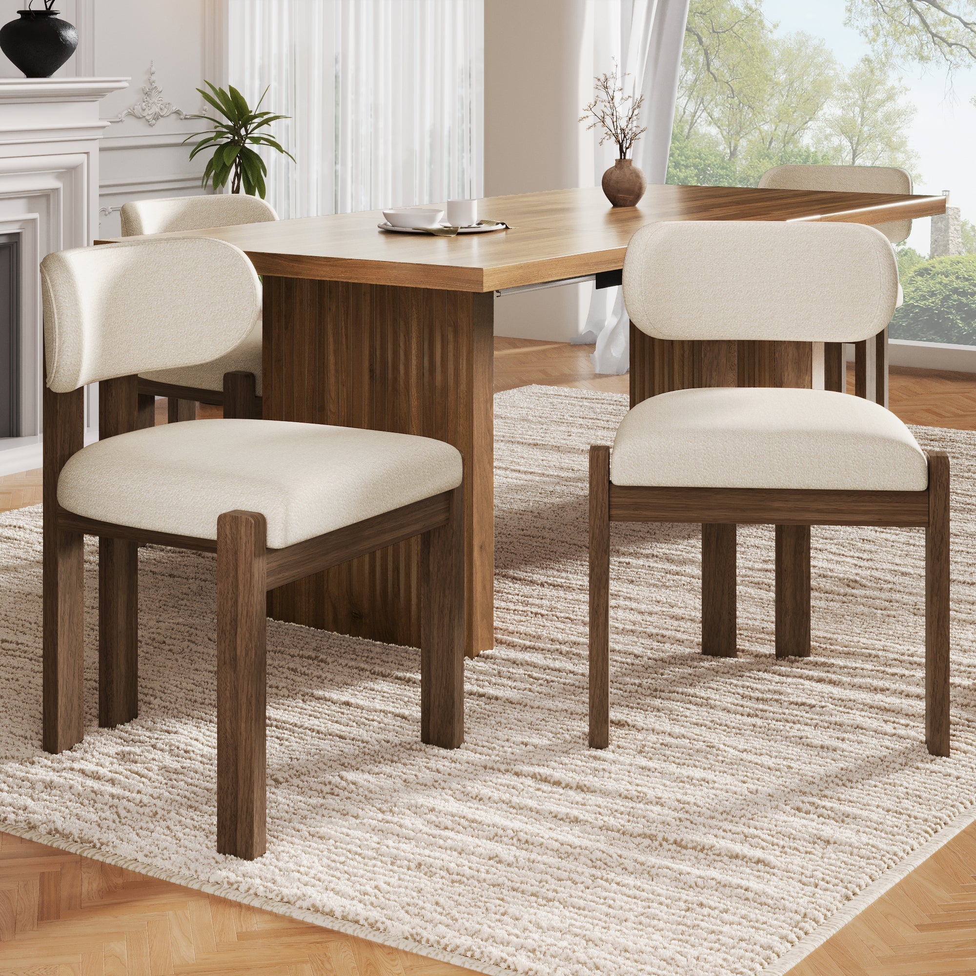 Solid Wood Dining Chairs Set of 6 with Modern Bouclé Fabric, Walnut Finish