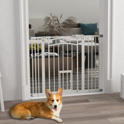 Treppenschutzgitter für Hunde, automatisch schließend, Katzenklappe, bohrfrei, 74-100cm, weiß