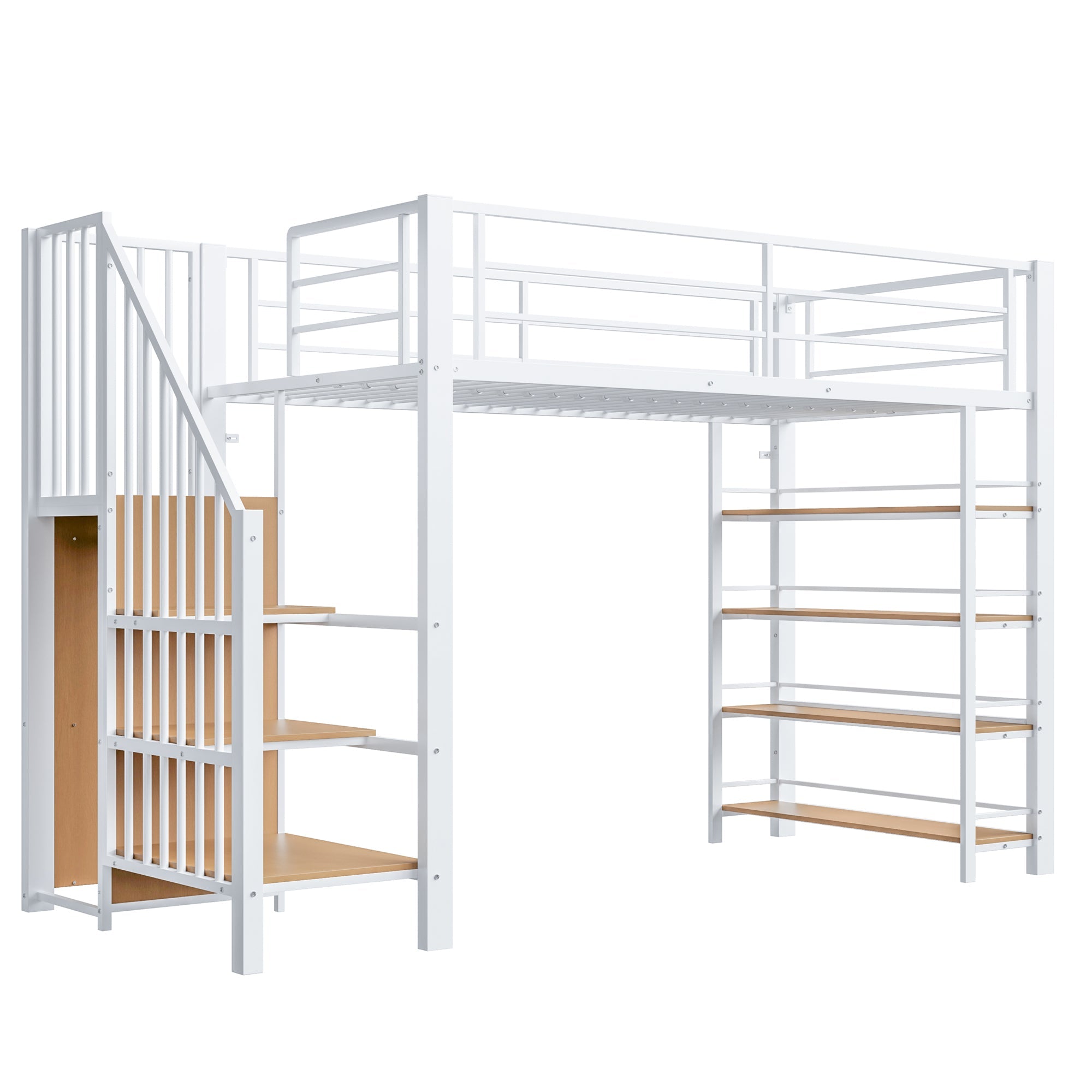 Loft Bed 90*200, Safety Stairs, Storage & Wardrobe, White