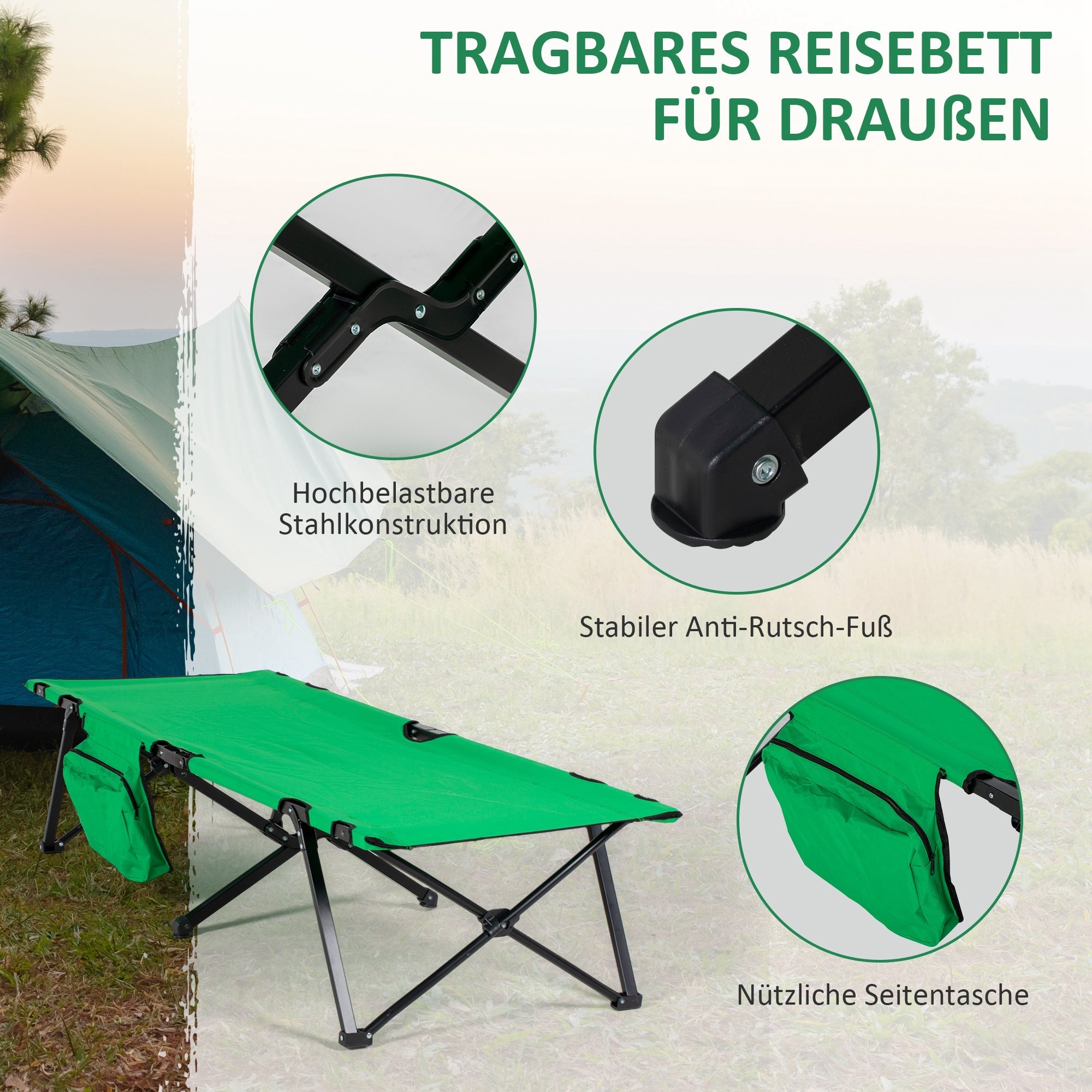 Camping Bed Foldable, 136 kg Load Capacity with Side Pocket, Oxford Green Black