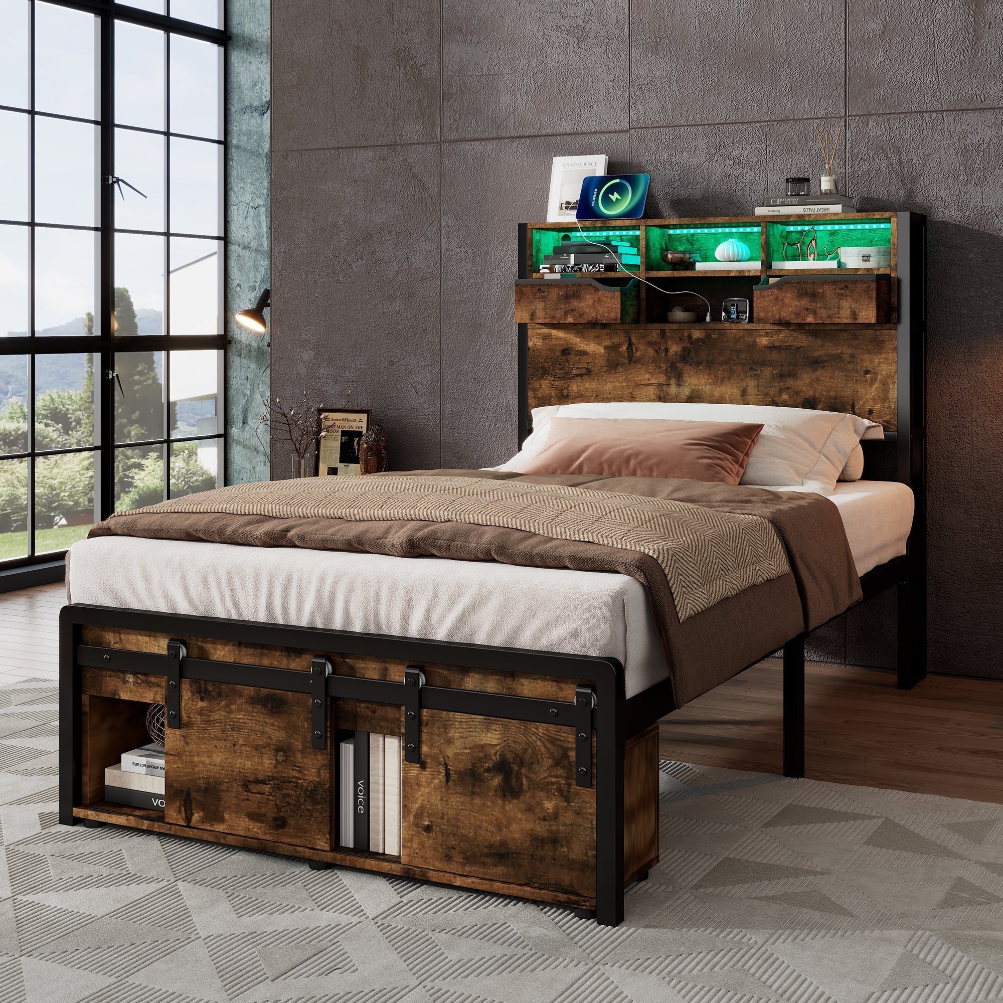 Metal Iron Bed, 3ft Single 90x190cm, with Multi-Color LED Lights, Charging Port (2A/1C), Storage, Black Wood