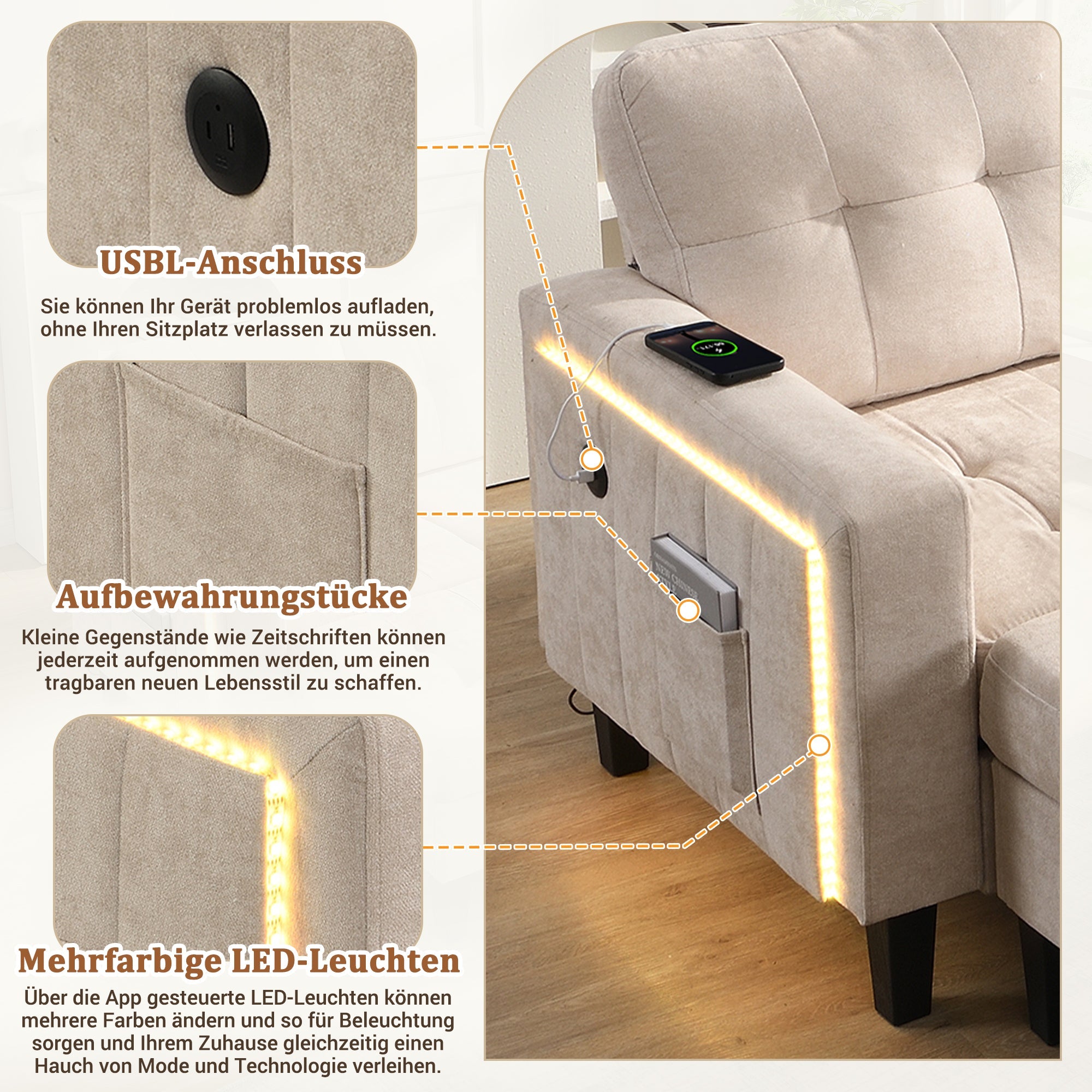 Sofa Set, L-Shaped Modular with Movable Footstool & LED Lighting