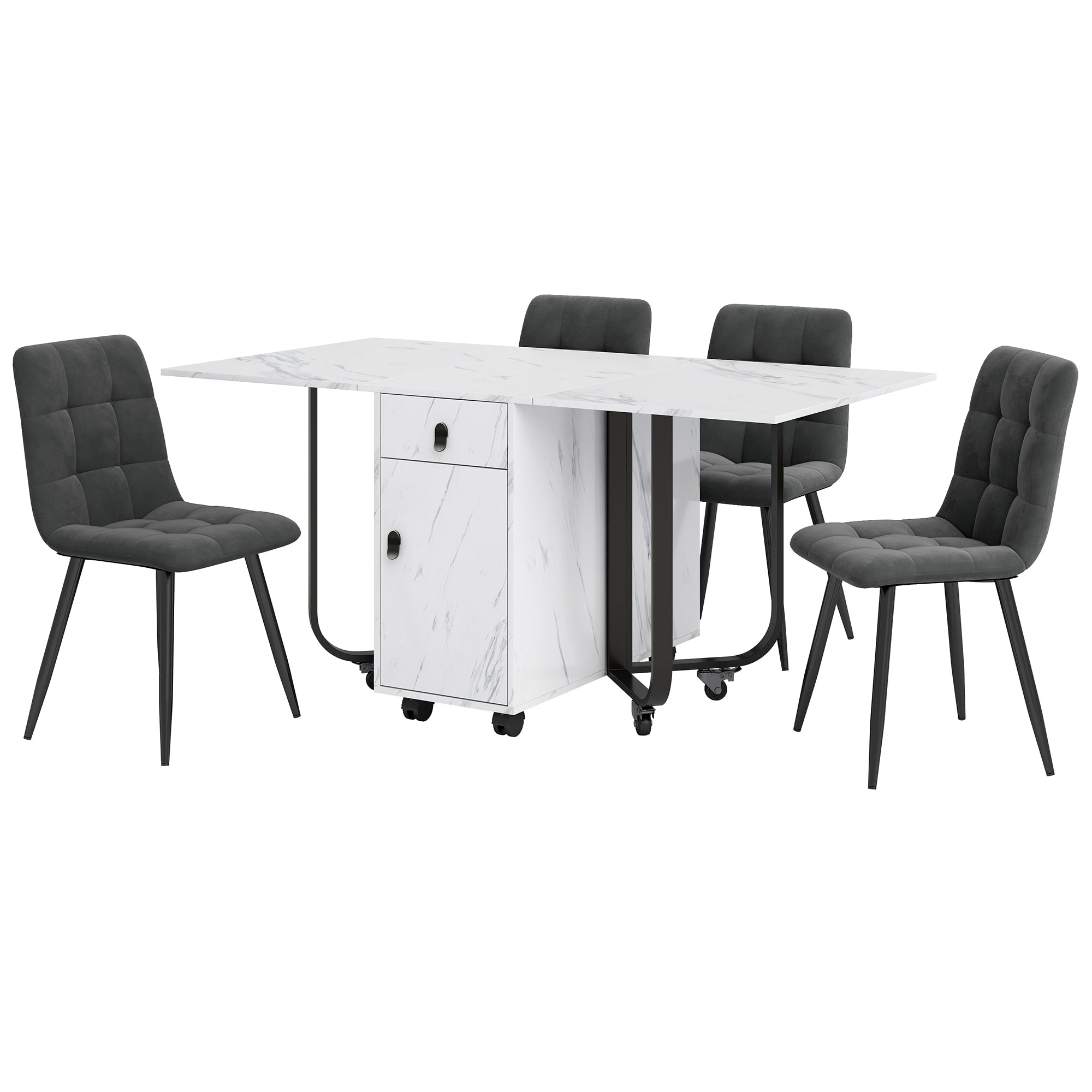 Dining Set Folding 5-Piece 150x80cm Table & 4 Upholstered Chairs Dark Grey Velvet/White MDF Black Legs