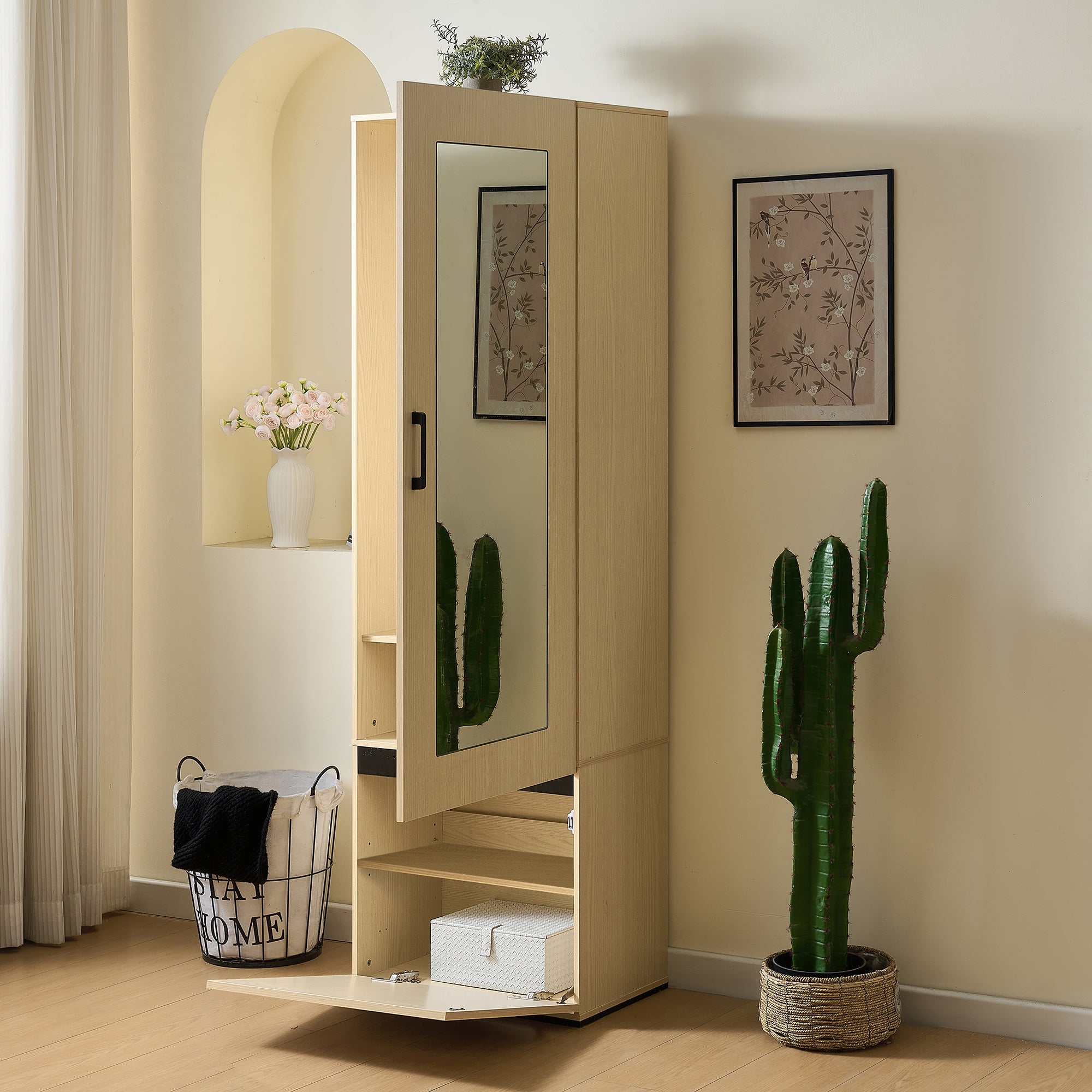 Wardrobe Narrow, Mirror & Pull-Out Rail, Space-Saving MDF