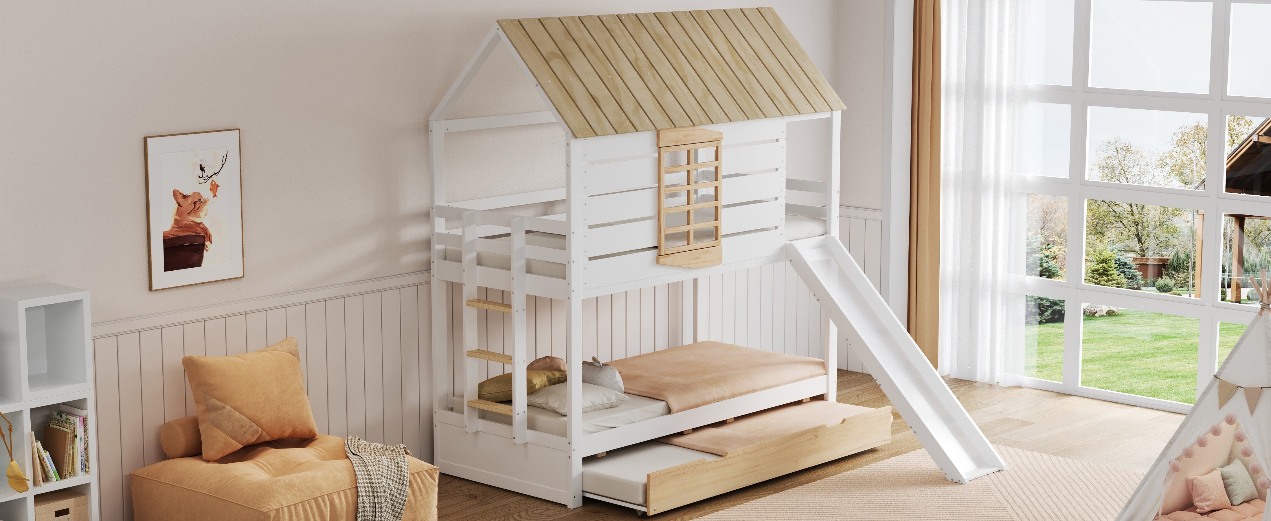 House-Shaped Bunk Bed with Slide and Pull-Out Bed, 90x200, White and Natural Pine