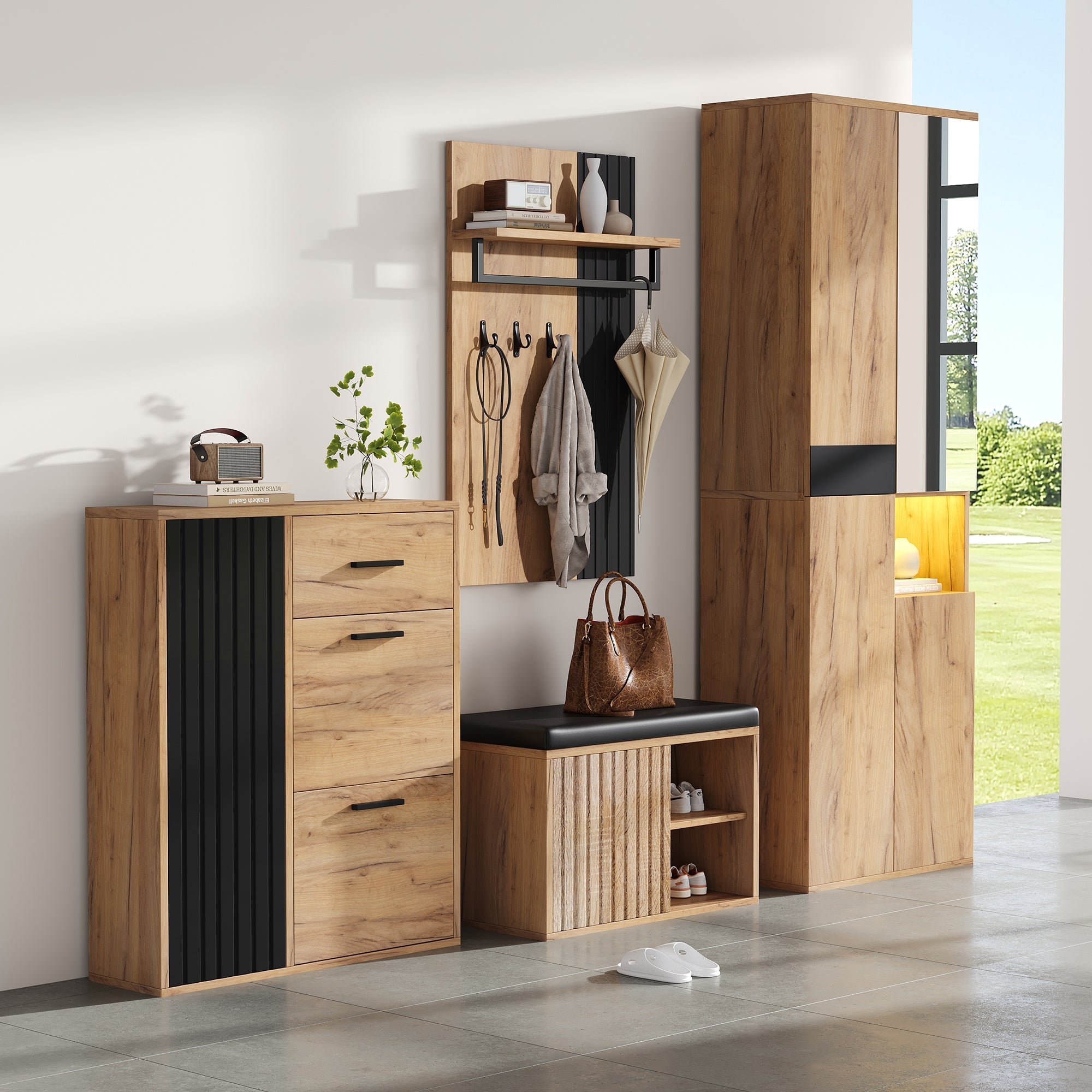 Wardrobe Set 4-Piece Wall-Mounted Coat Rack Shoe Cabinet Shoe Bench, Natural Wood/Black
