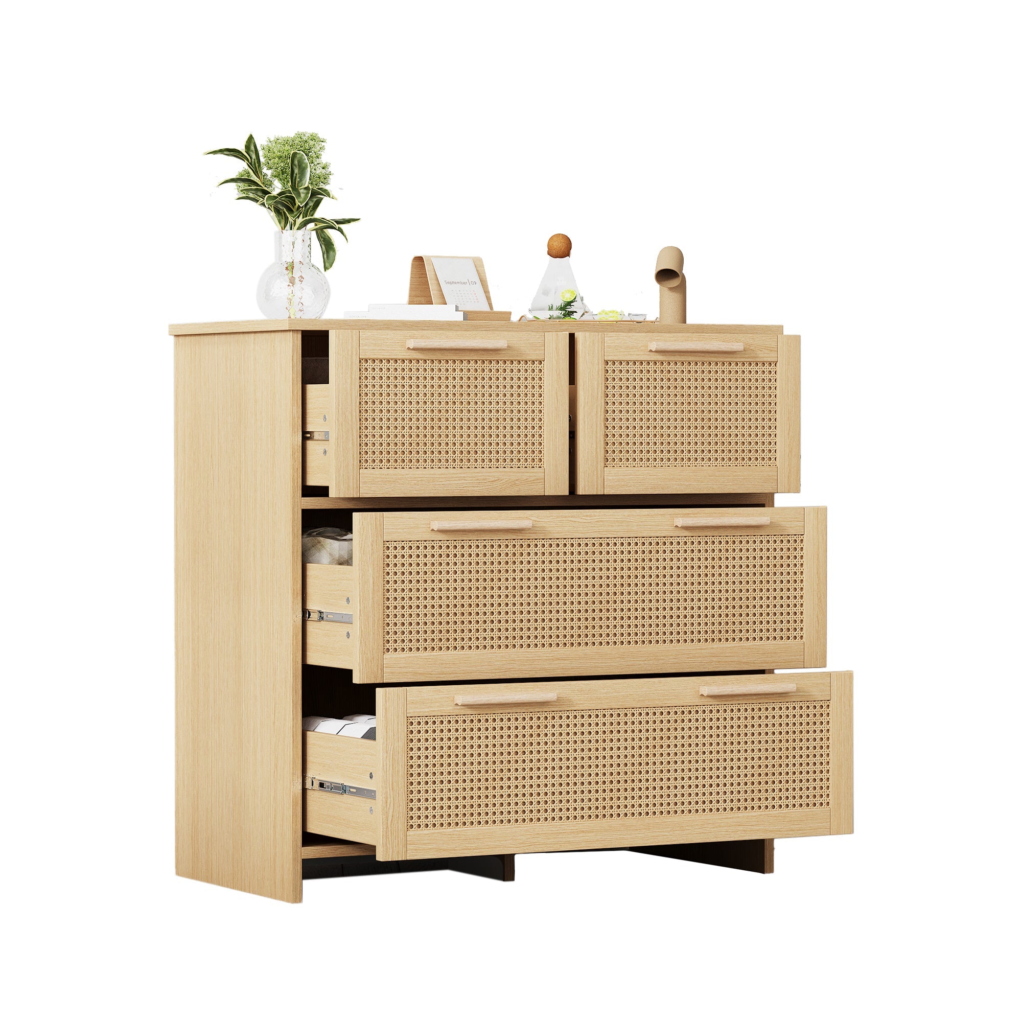 4-drawer rattan cabinet with solid wood handles - suitable for bedroom, living room, dining room, hallway, W80/H80/D38 cm.