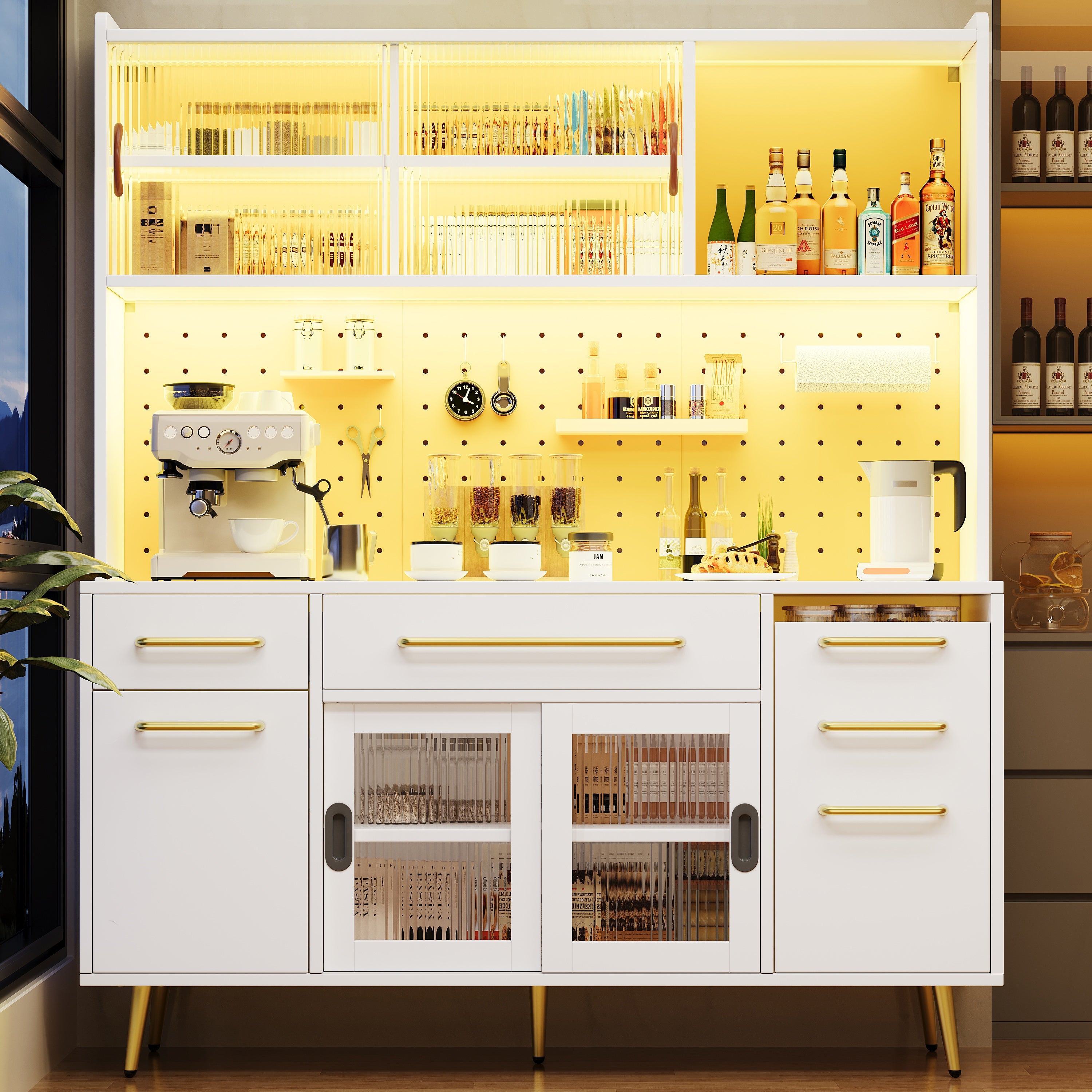 Modern Sideboard Storage Cabinet with LED Lighting and Pegboard, White