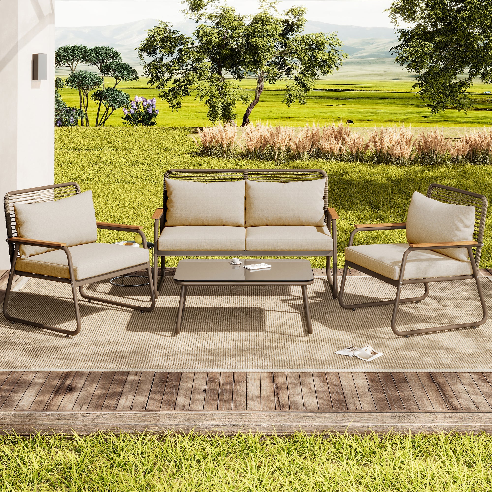 Garden Lounge Set 4 Person Sofa Table Adjustable Legs Tempered Glass - Beige