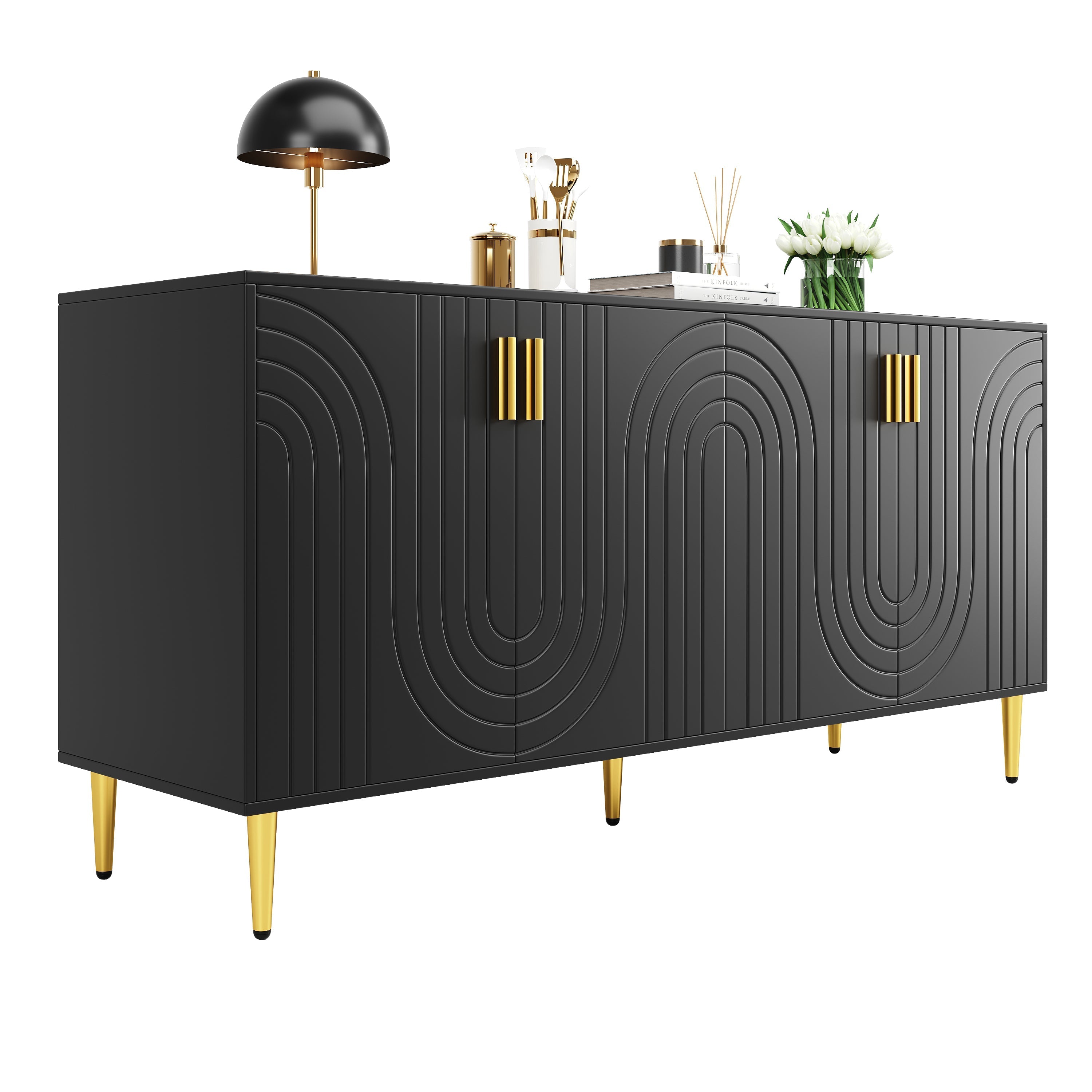 Black Sideboard, 152x40x75cm with Wave Design and Golden Handles, Black