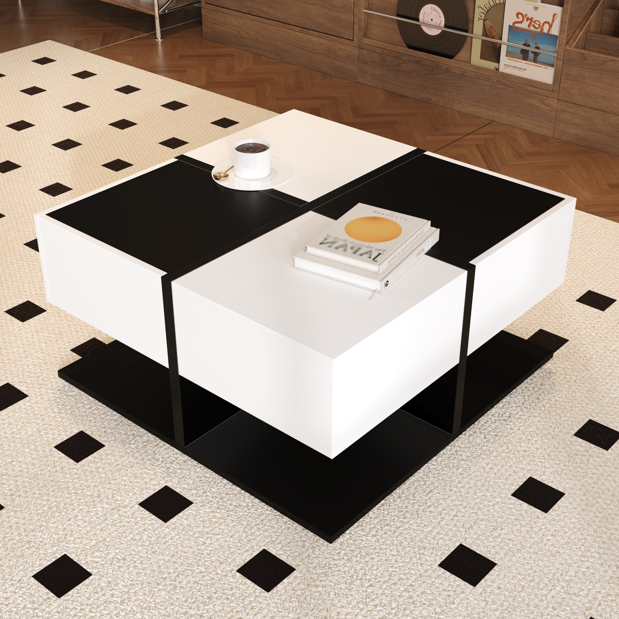 Modern Coffee Table with 2 Drawers, Square Living Room Table, 70x70x35.5 cm, Black and White
