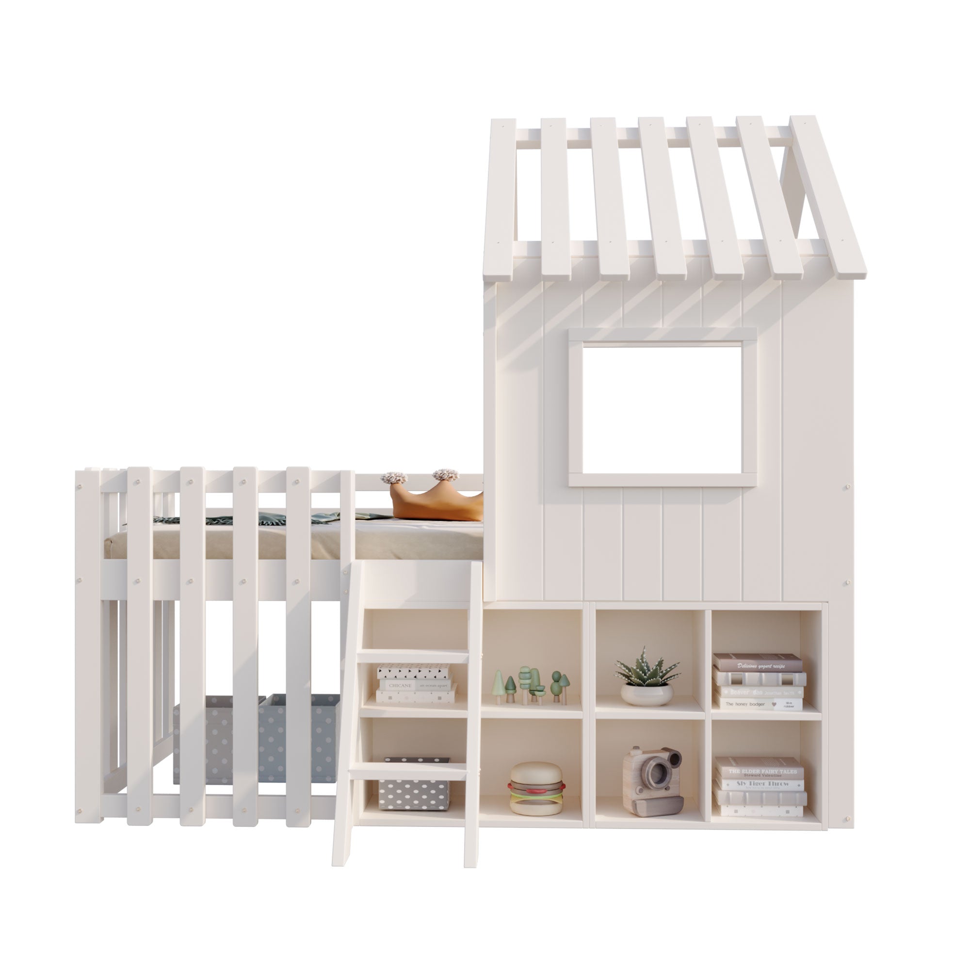Children's House Bed 90x200, Roof & Window, Ladder, Solid Wood White