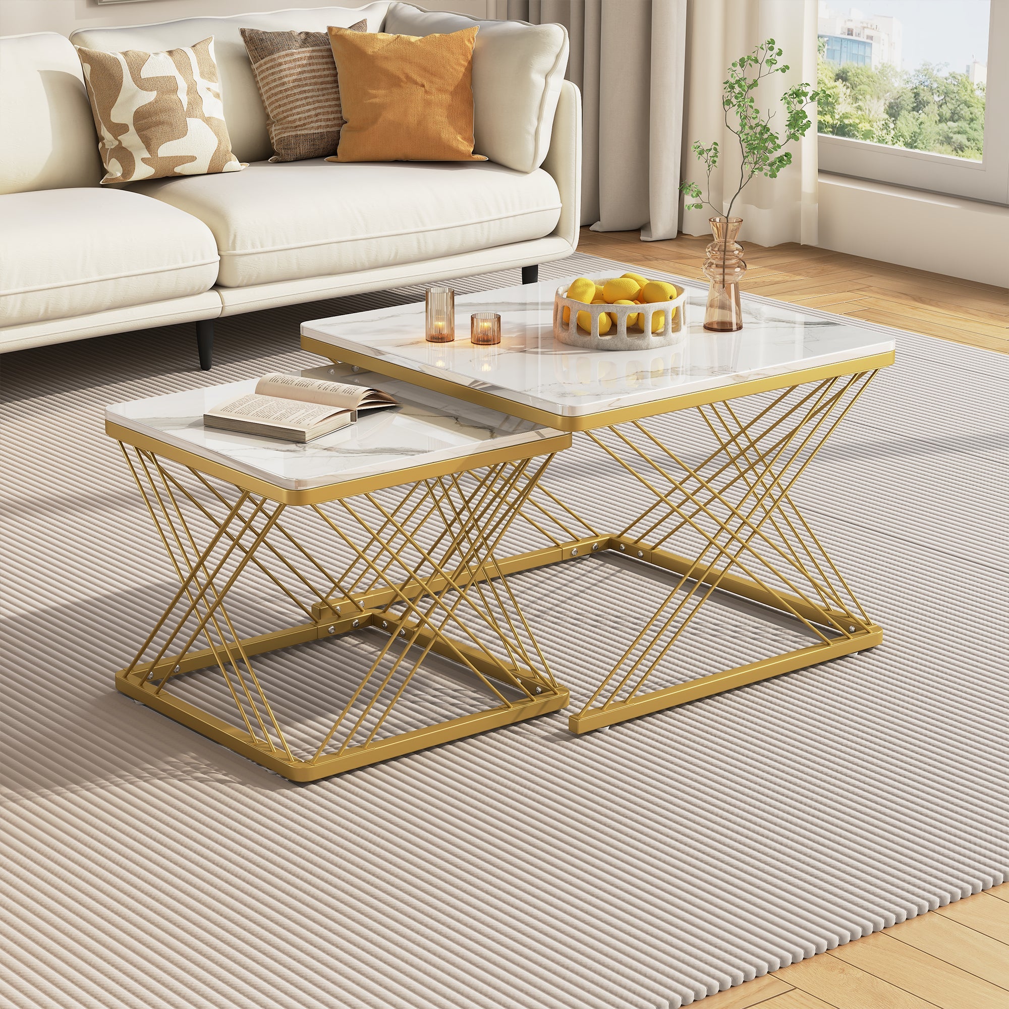Stylish 2-Piece Coffee Table Set, Square, Adjustable, High-Gloss Marble Look
