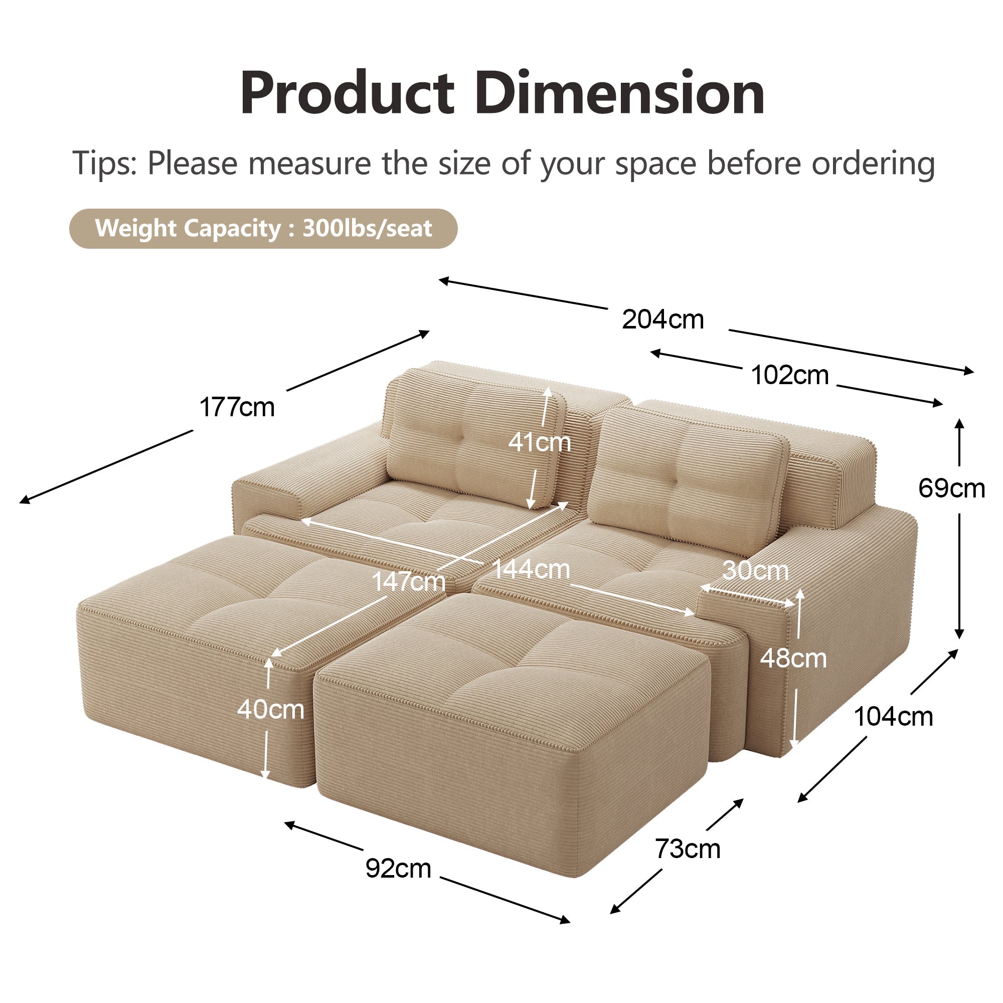 Cloud Modular Sofa U-Shaped Ottoman 2-Seater - Corduroy Beige