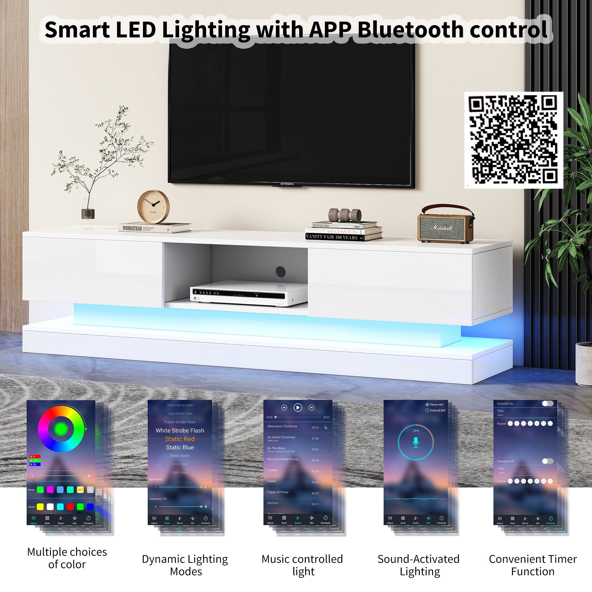 TV Cabinet with LED Lighting, 2-Drawer, Anti-Tip, for 60-inch TVs, White High-Gloss