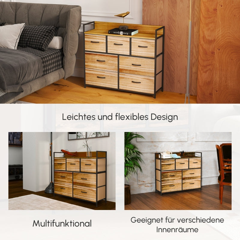 Kommode, 7 Stoffschubladen, Kippschutz, Braunes MDF