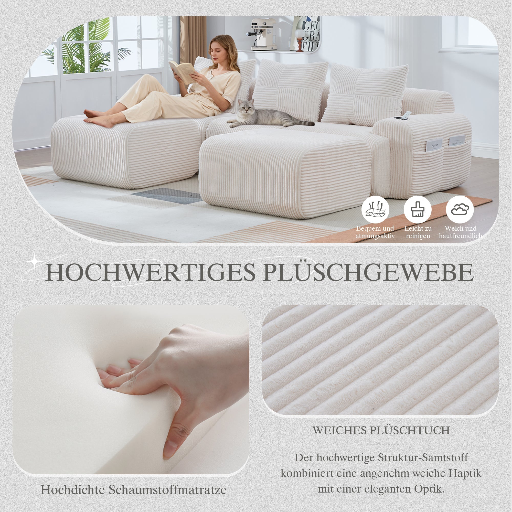 3-Seater Modular Corduroy Sofa with 2 Ottomans, Cup Holders and Storage Pocket, Beige
