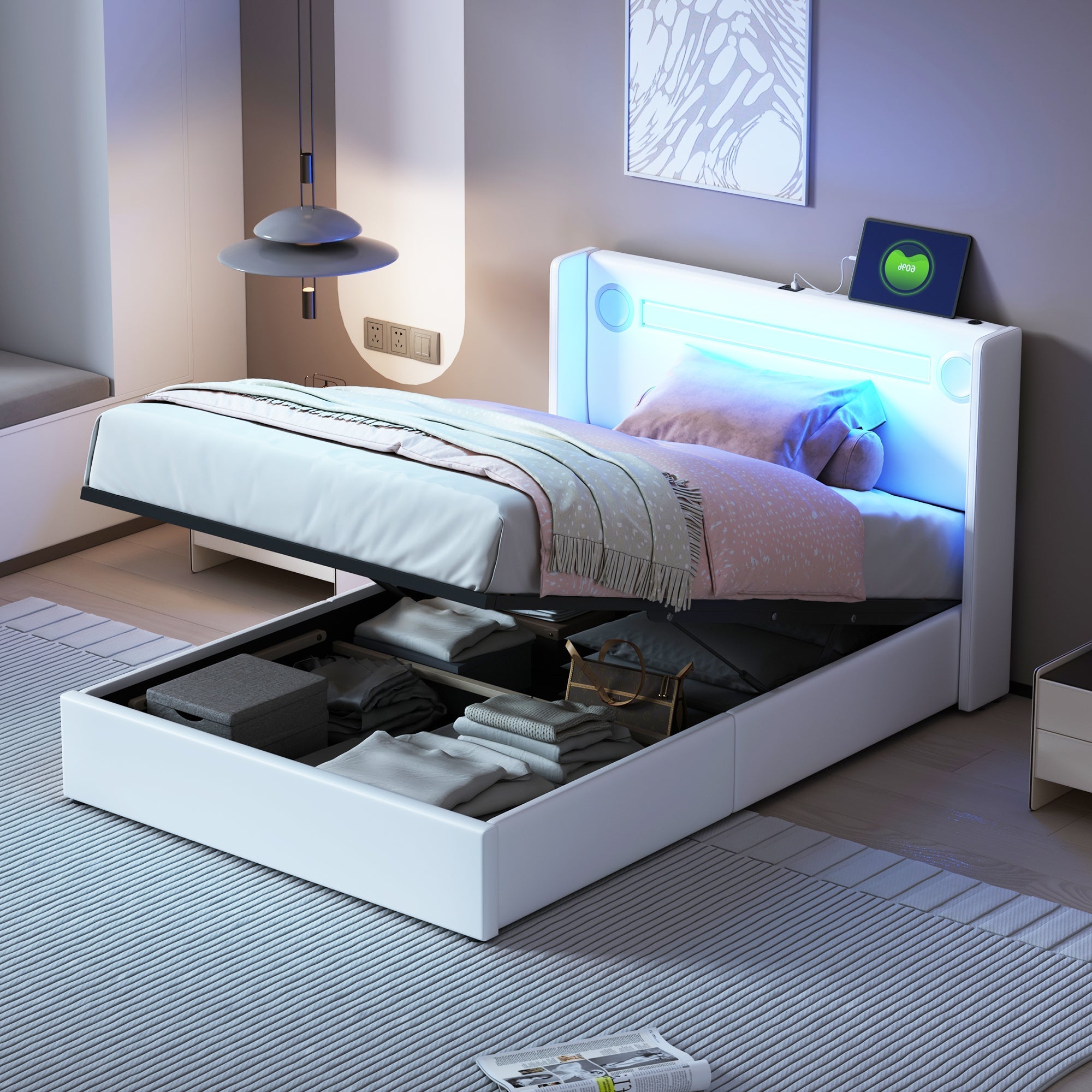 Upholstered Bed with LED Lights, Bluetooth Player, USB Ports and Hydraulic Storage, White PU Leather