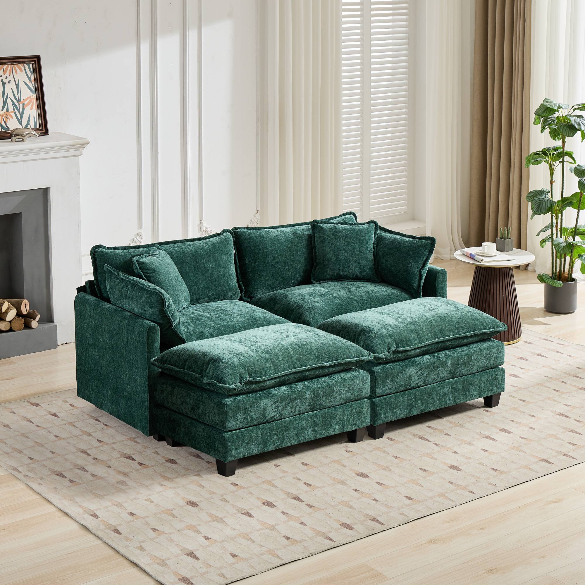 Cloud Sofa Loveseat, Modern Sectional Couch with Double Layer Upholstered Cushion, Green Chenille Fabric