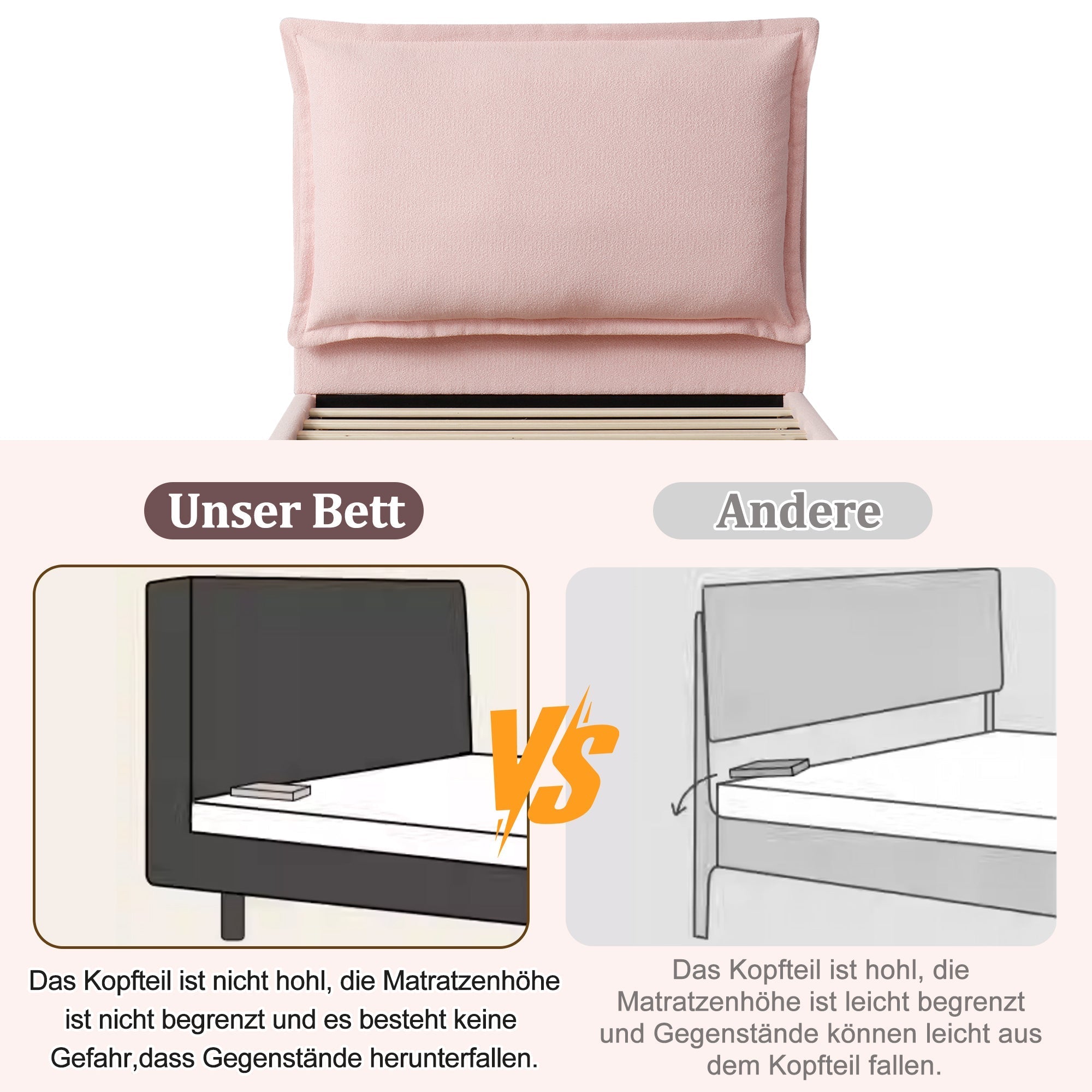 Upholstered Bed, Single/Children's Functional with Storage, Pink Chenille