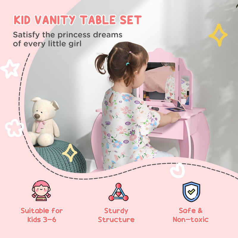 Kids Vanity Table and Chair Set with Tri-Folding Mirror, Stool, and Drawer, Pink