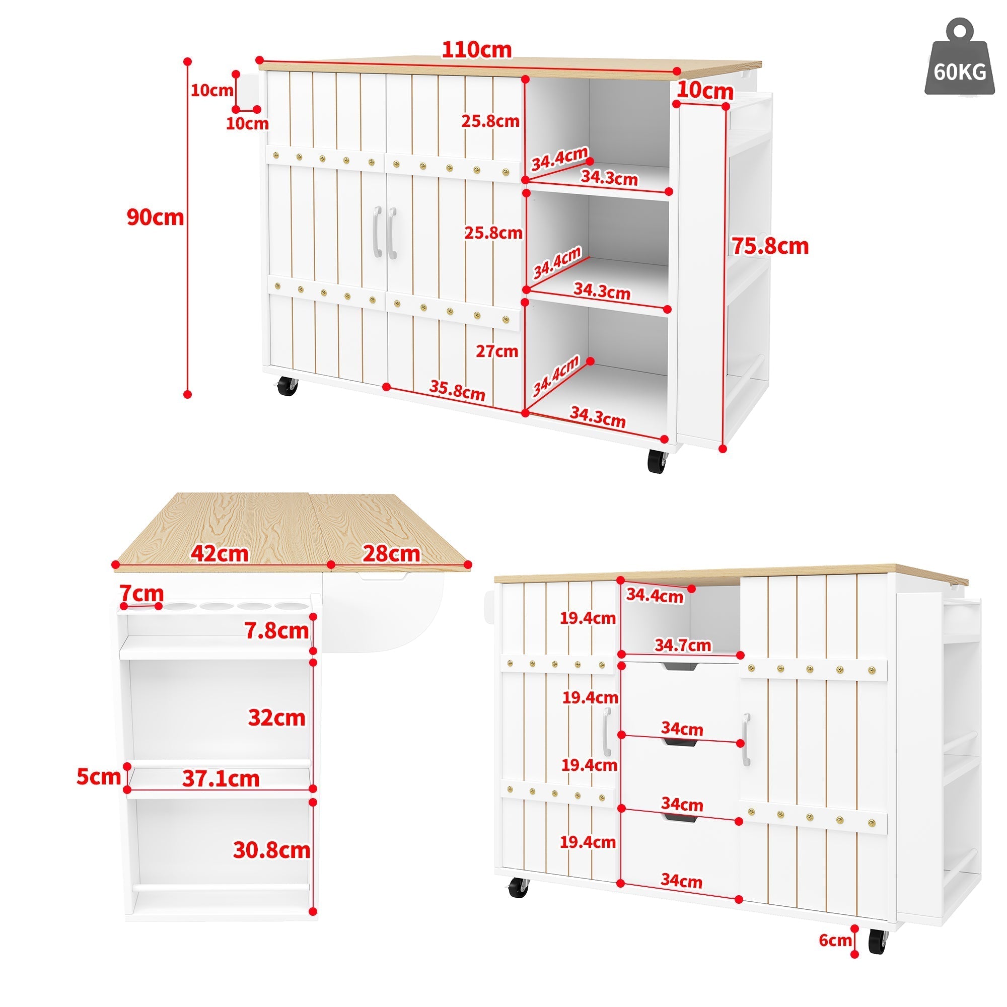 Kitchen Island Serving Cart with Wheels, Worktop, Sliding Doors & Drawers - White