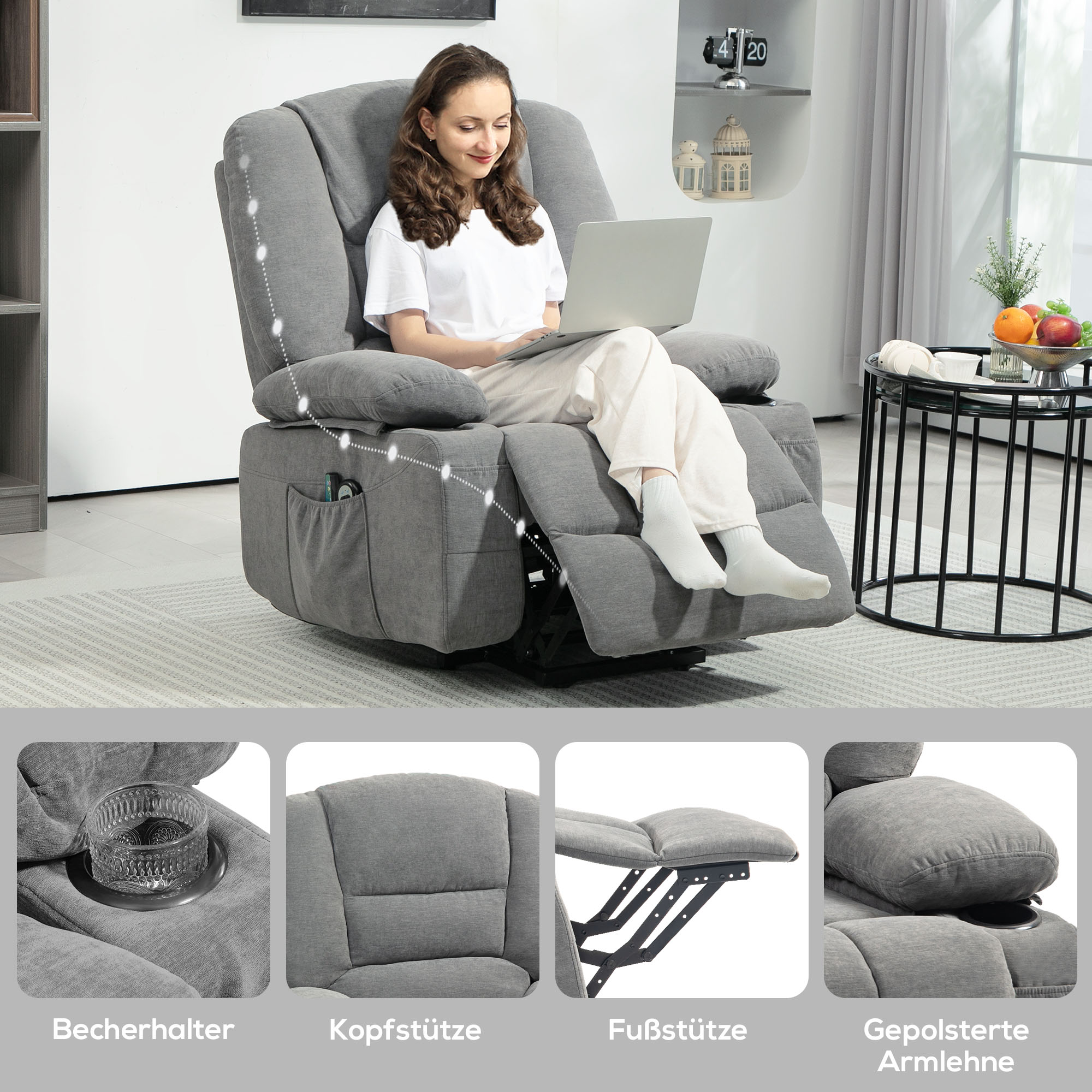 Electric Recliner Lift Massage Heating Side Pocket, Dark Grey