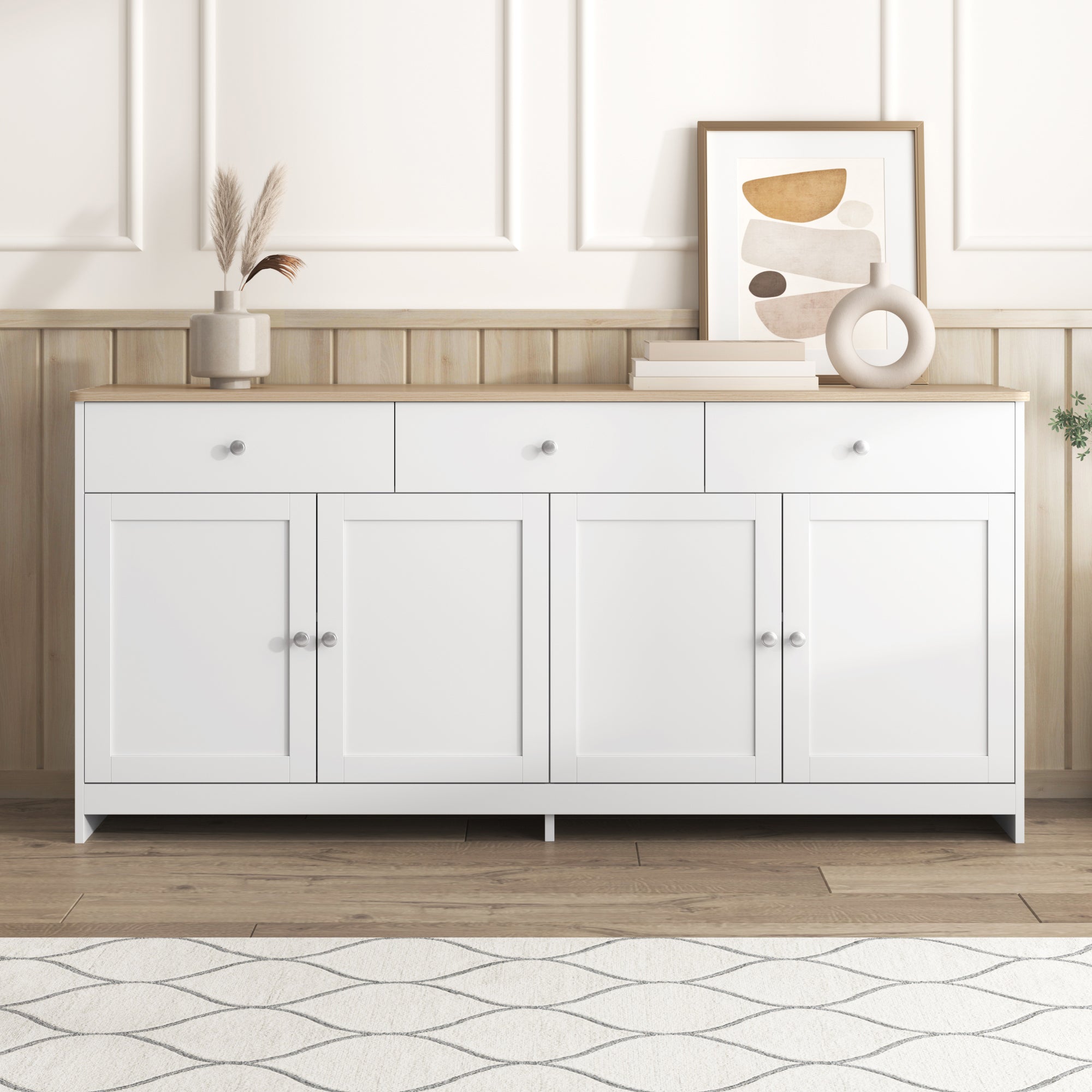 Sideboard Buffet Cabinet with 4 Doors and 3 Drawers, White Wood Grain and Natural Wood Color