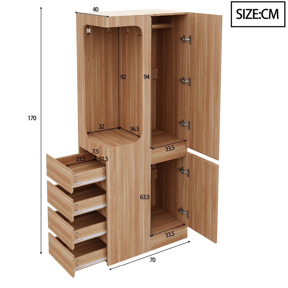 Wardrobe 70x40x170cm Drawers Storage Single Door, Wood Color