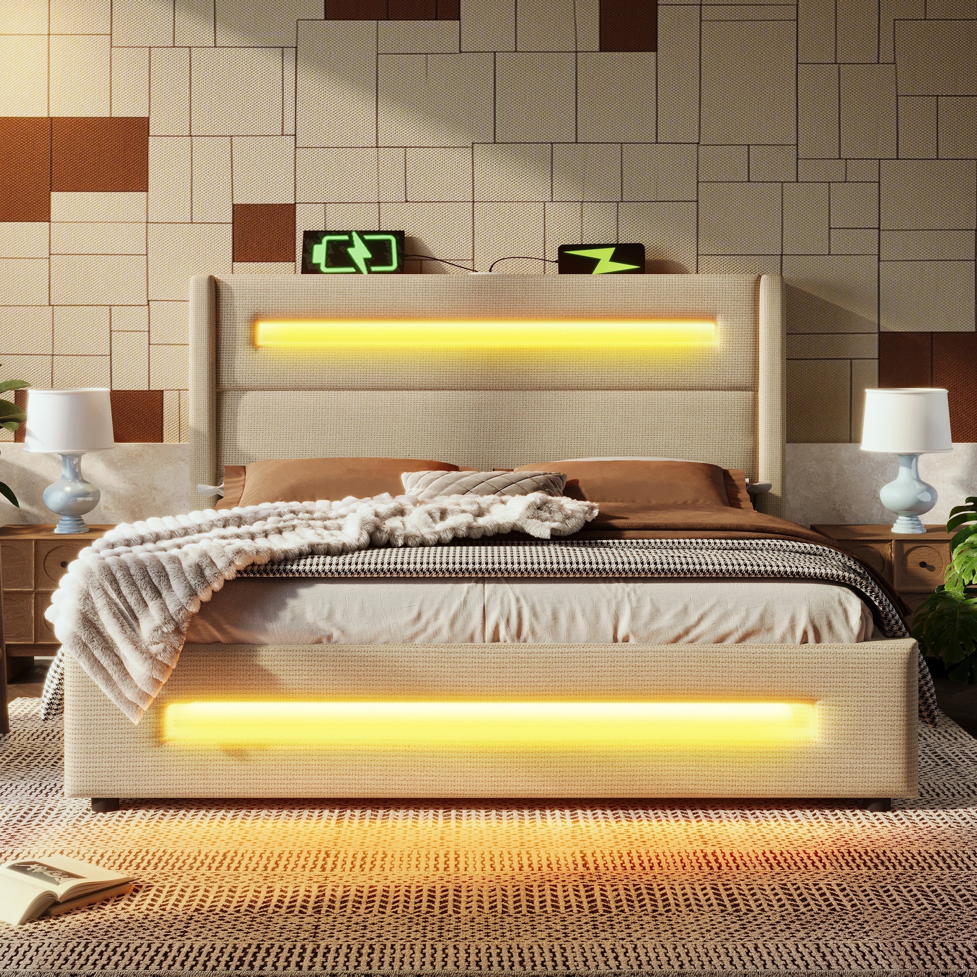 Upholstered Double Bed 140x200cm, LED, Hydraulic Storage, USB-C Charging, Beige Linen with Mattress