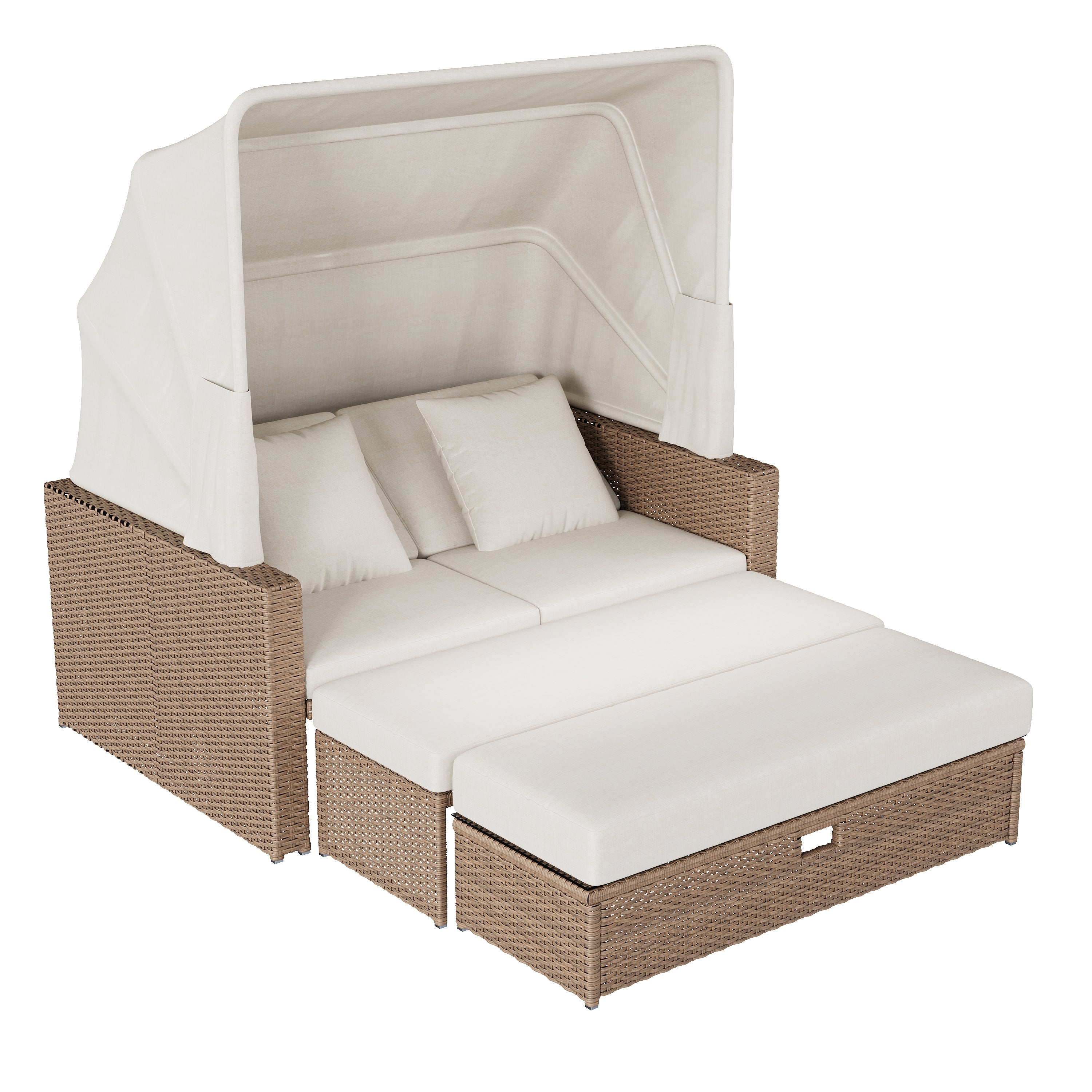 Polyrattan Garden Furniture Set with Adjustable Coffee Table and Removable Awning, Khaki PE Rattan