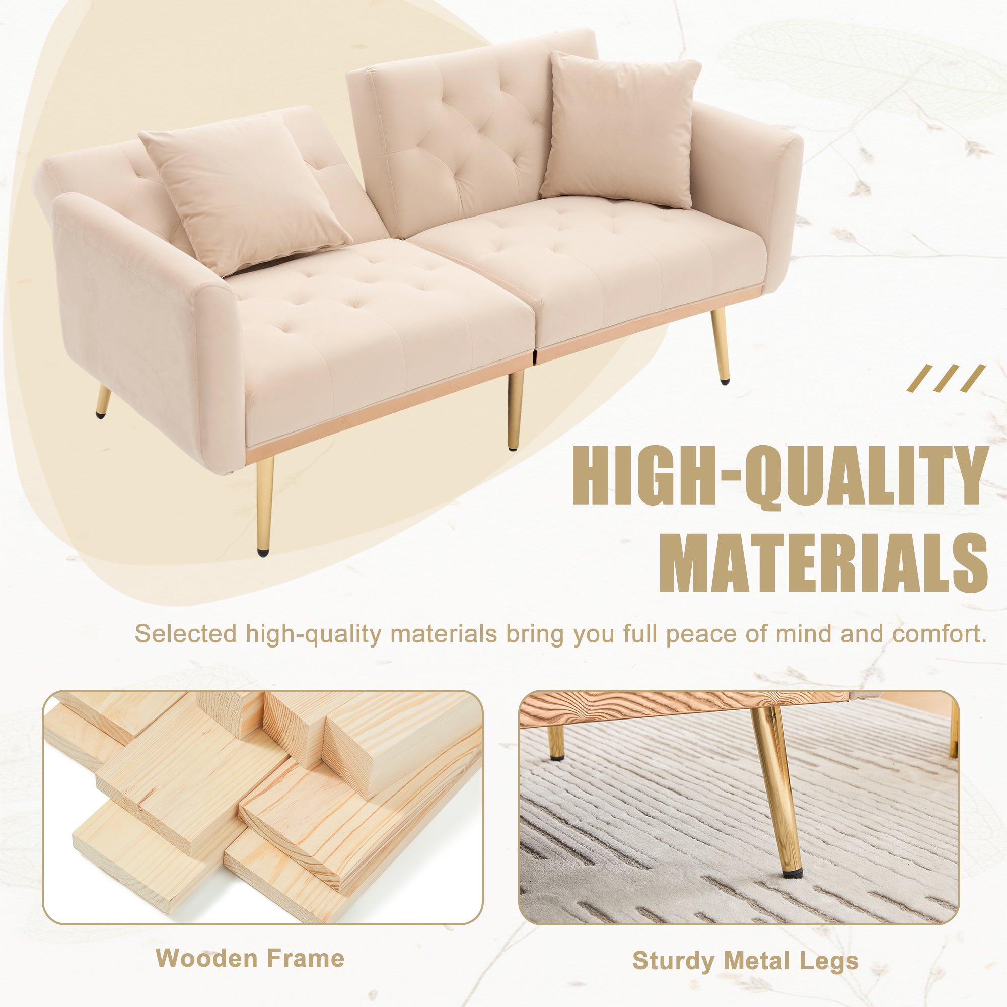 GOMYWAY 2-Seater Sofa 3-Speed Adjustable Backrest Gold Metal Legs Velvet