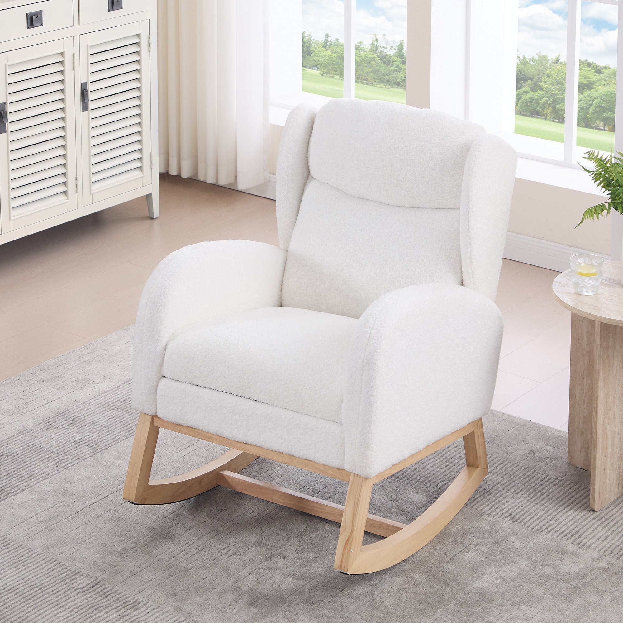 049B Rocking Chair, Nursing Lounge Chair with Adjustable Footrest, Teddy Fabric White