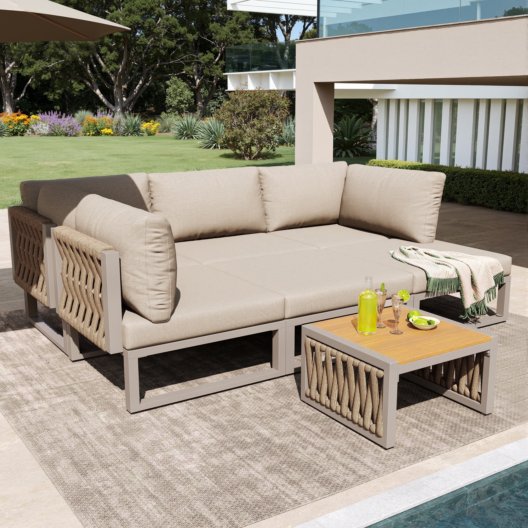 Garden Furniture Set 6 Person Double Lounger Adjustable Backrest Cushions - Beige