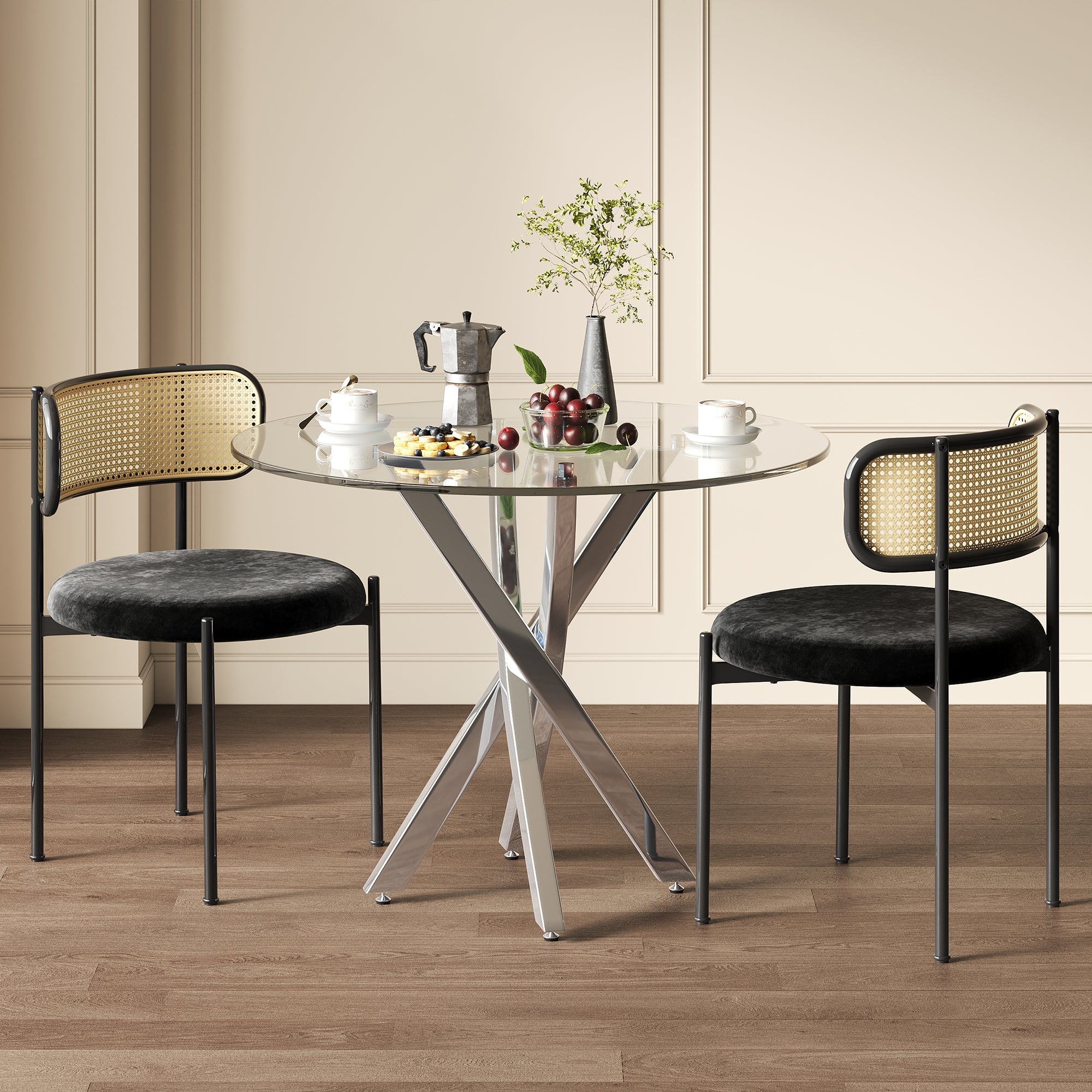 Dining Table Set - 3-Piece 80x80cm Tempered Glass Top Black Chairs - Silver Legs