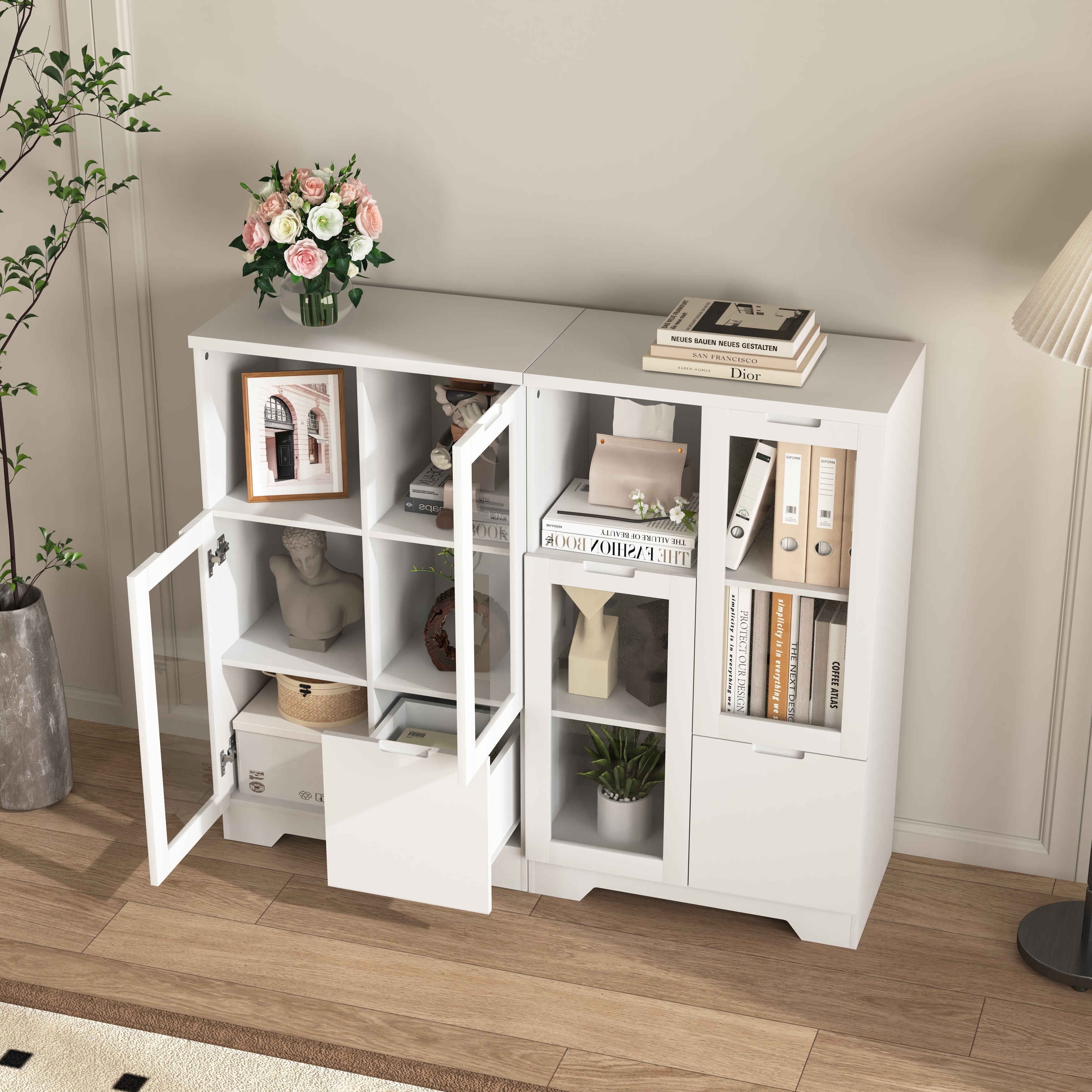 MDF Storage Cabinet with Glass Doors and Drawer, White