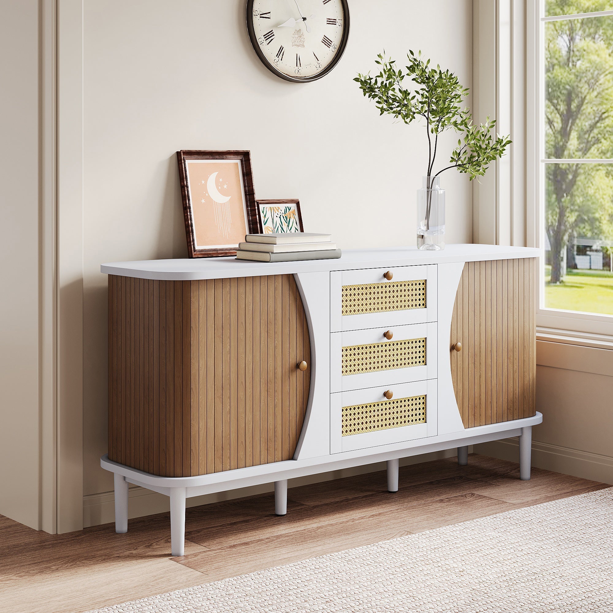 Sideboard, Rattan Sliding Door Chest, Adjustable Shelves, White and Wood