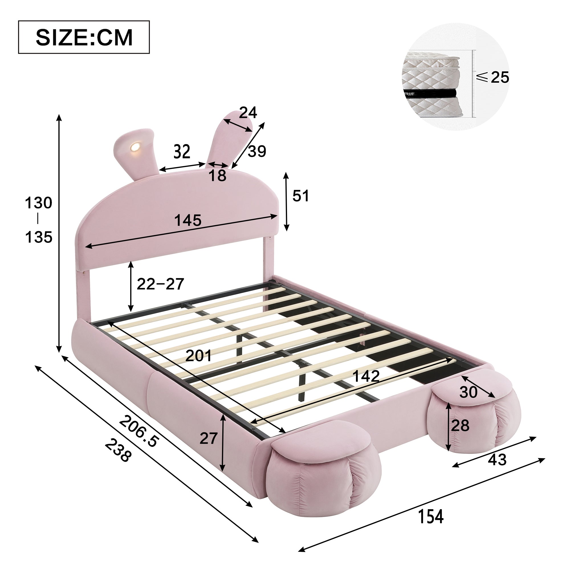 Upholstered Bed Hydraulic Storage, Bunny Ears LED Strips, 140x200cm, Stools, Velvet Pink