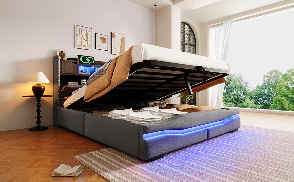 Upholstered Bed 160x200cm Hydraulic Storage LED USB-C Headboard Grey