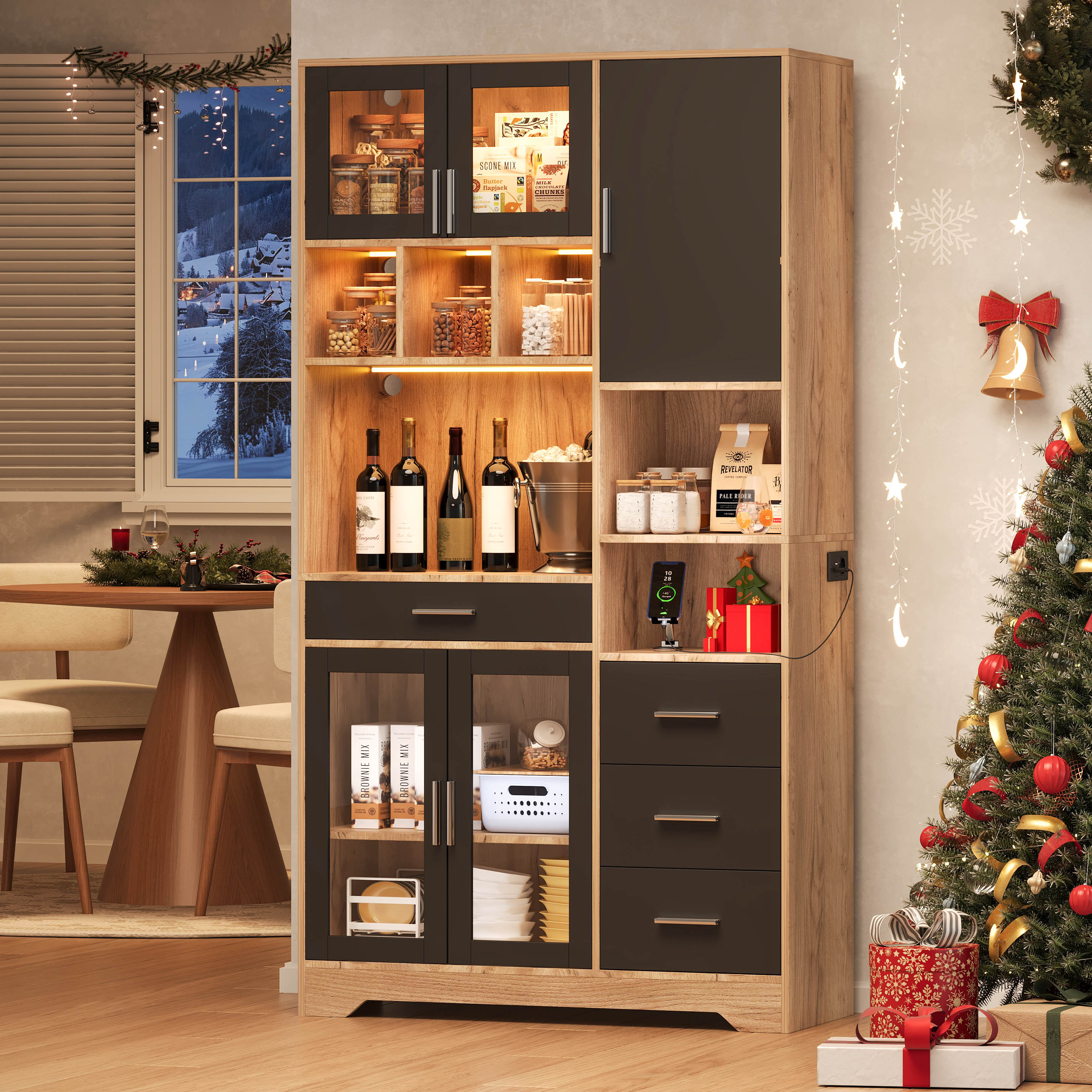 Farmhouse Style Vintage Tall Kitchen Cabinet with LED Lights and Socket, Oak Look