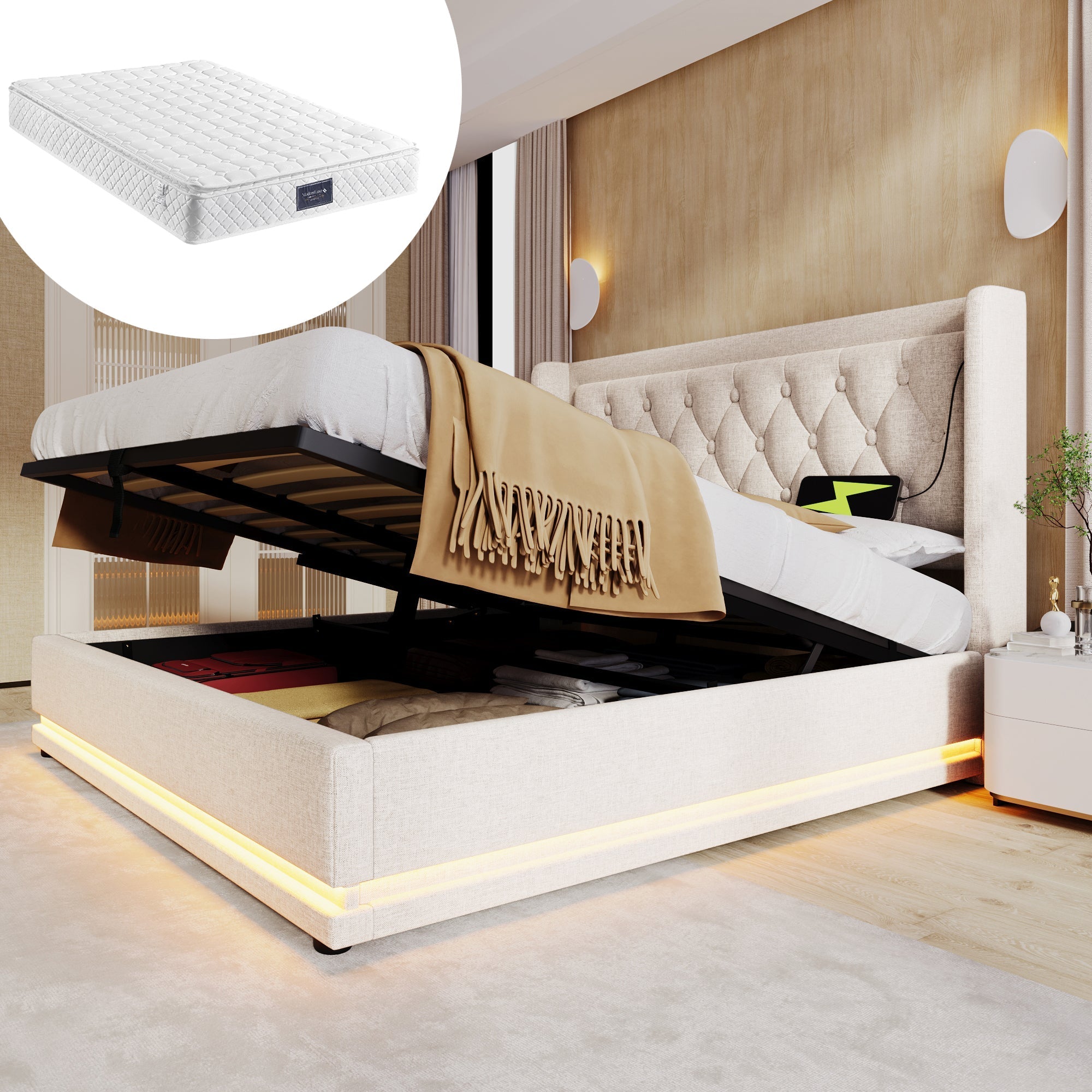 Upholstered Double Bed, 140x200cm Hydraulic Storage with LED & USB, Beige Cotton