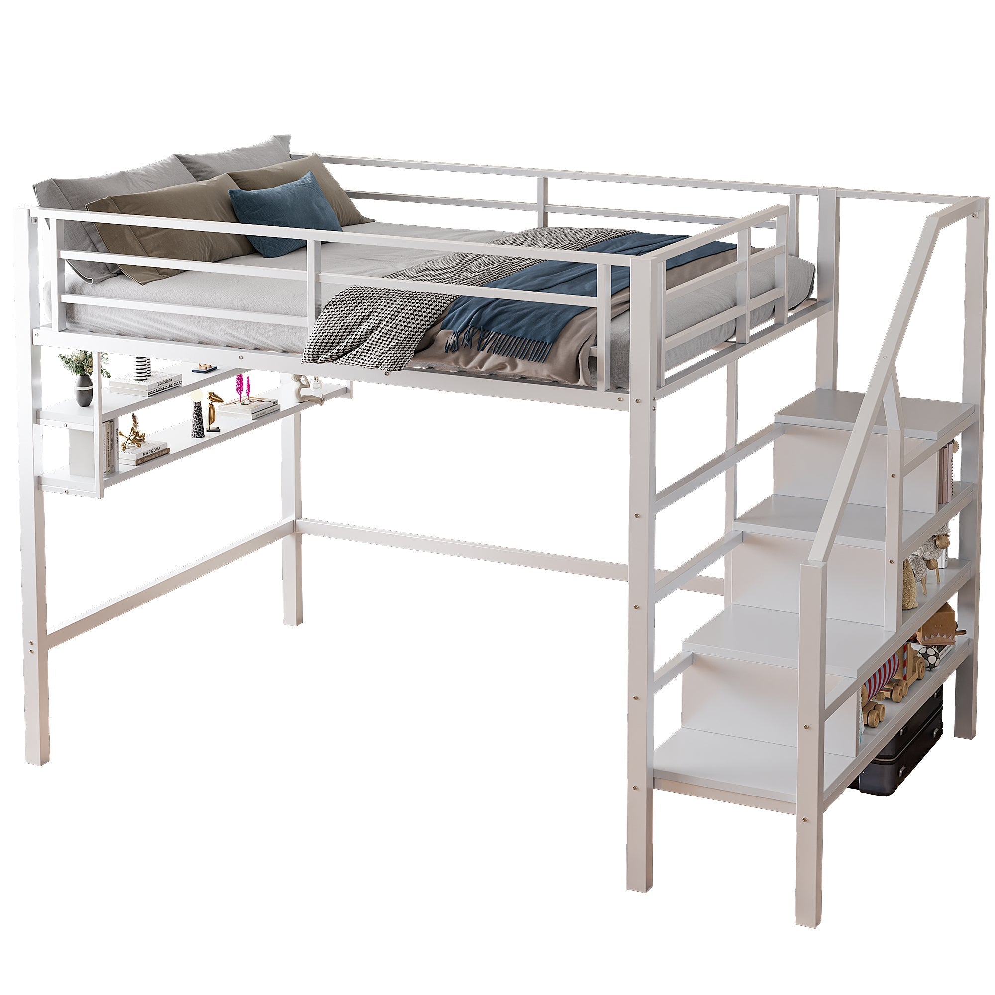 Loft Bed with Storage Ladder and Shelves, 140x200cm, White