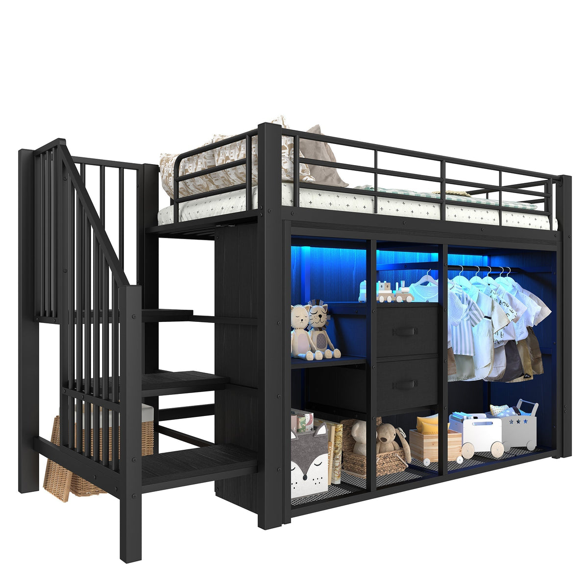 Mid-Height Bed 90x200cm 2 Drawers Open Wardrobe LED Storage - Black